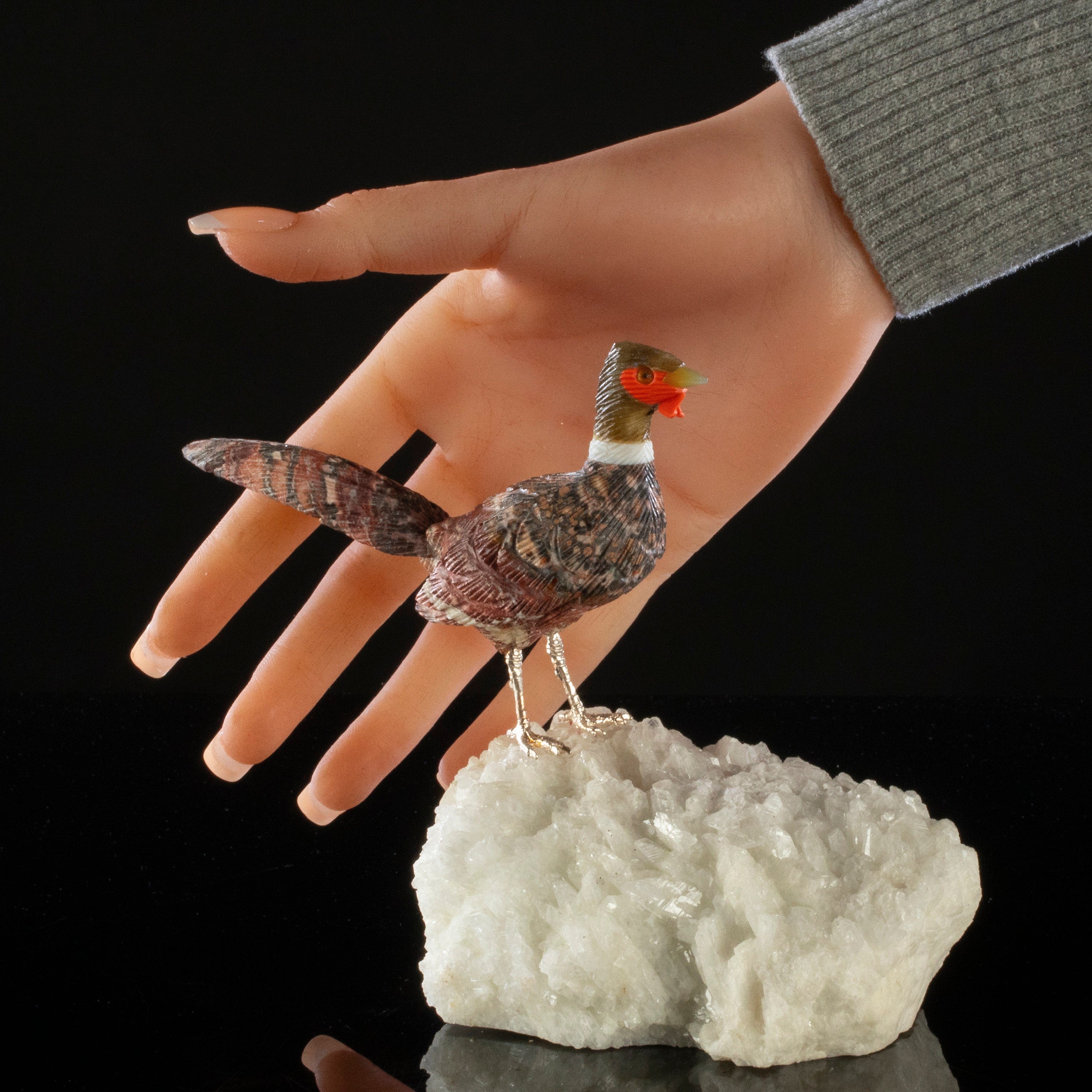 Kalifano Love Birds Carvings Leopardskin Pheaseant Love Bird Carving on Quartz Base LB.A161.001