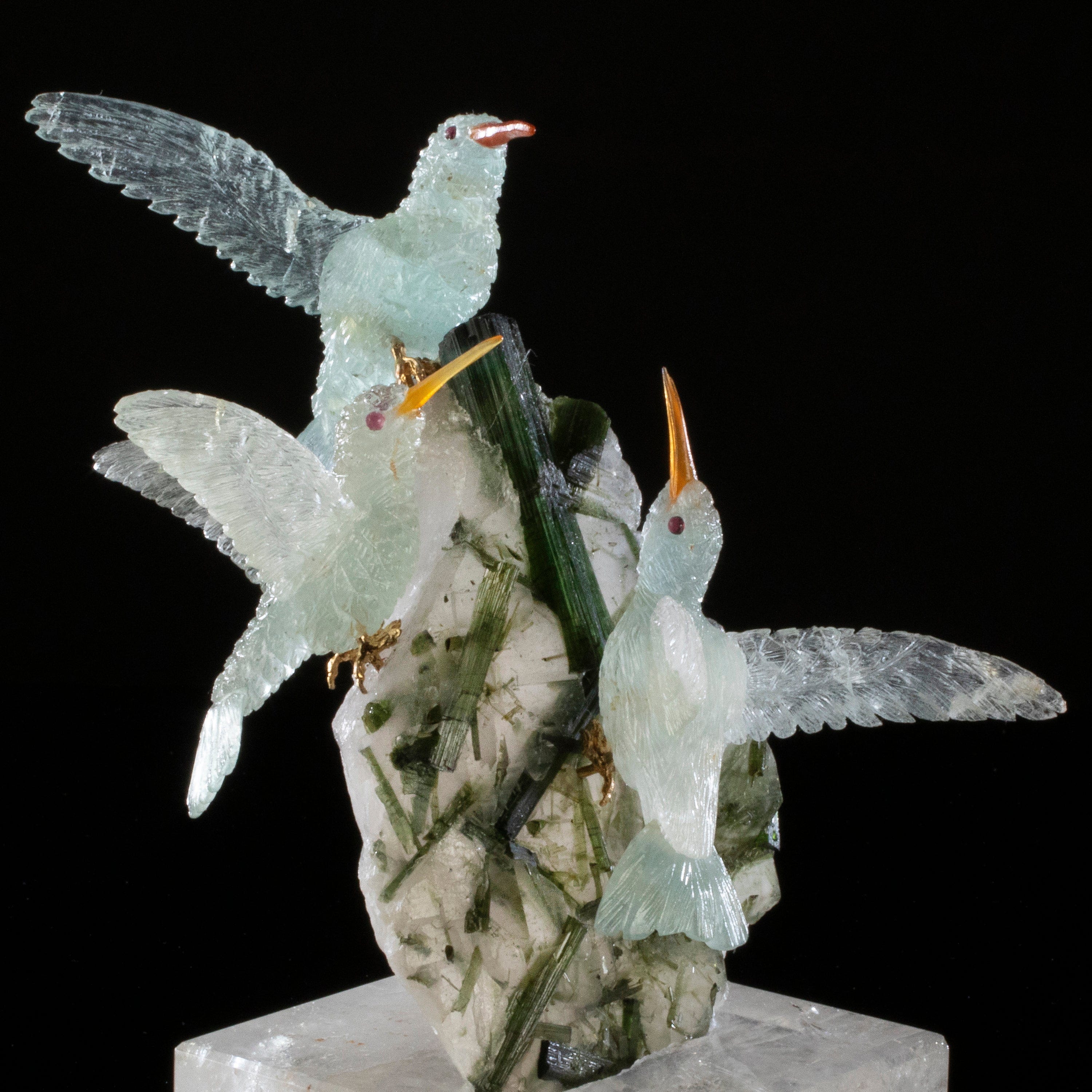 Kalifano Love Birds Carvings Morganite Hummingbird Trio Love Birds Carvings on Quartz and Tourmaline Base LB.11289.001