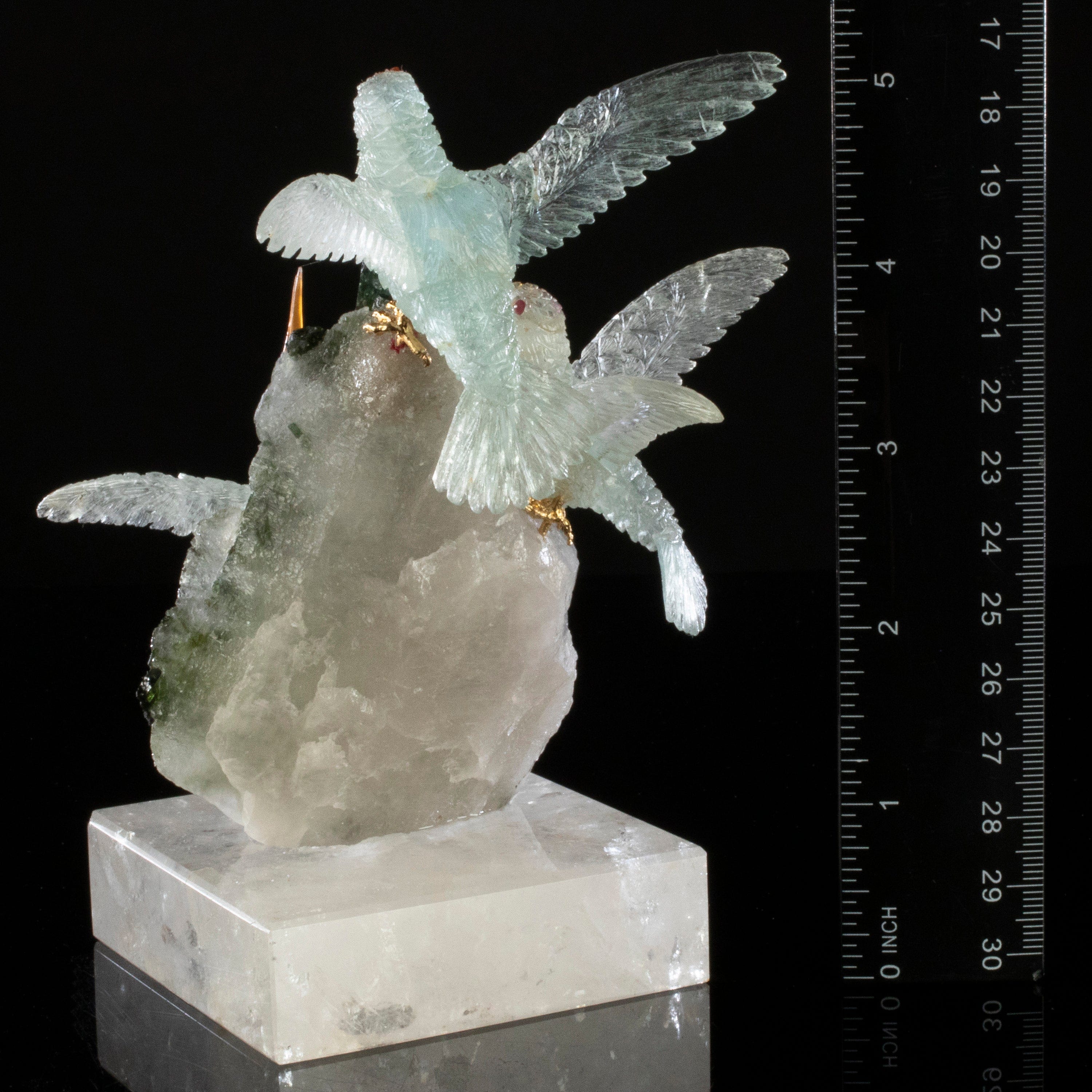 Kalifano Love Birds Carvings Morganite Hummingbird Trio Love Birds Carvings on Quartz and Tourmaline Base LB.11289.001