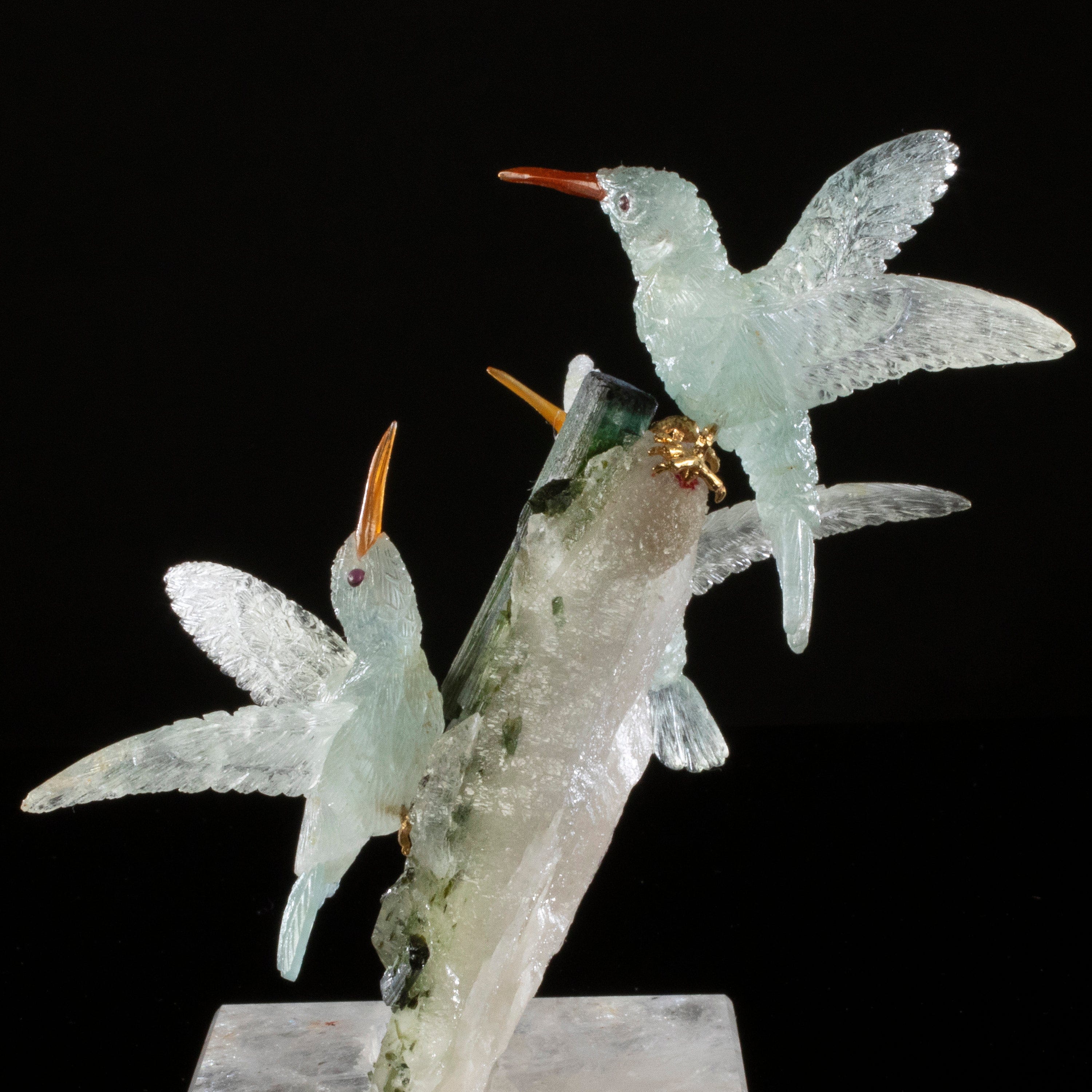 Kalifano Love Birds Carvings Morganite Hummingbird Trio Love Birds Carvings on Quartz and Tourmaline Base LB.11289.001