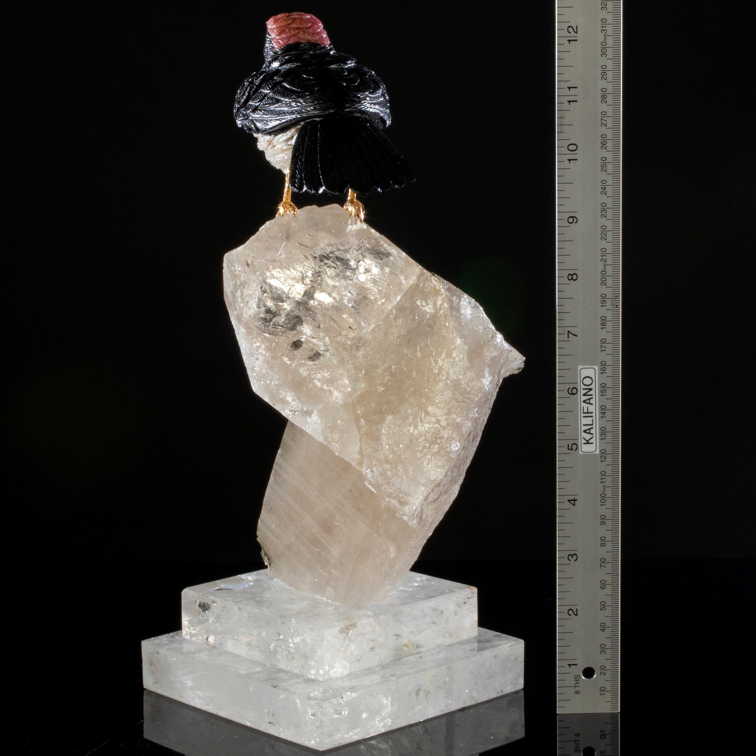 Kalifano Love Birds Carvings Obsidian, Ocean Jasper, Rhodochrosite, & Yellow Quartz Acorn Woodpecker Love Bird Carving on Quartz Cluster & Tourmaline Base LB.12351.001