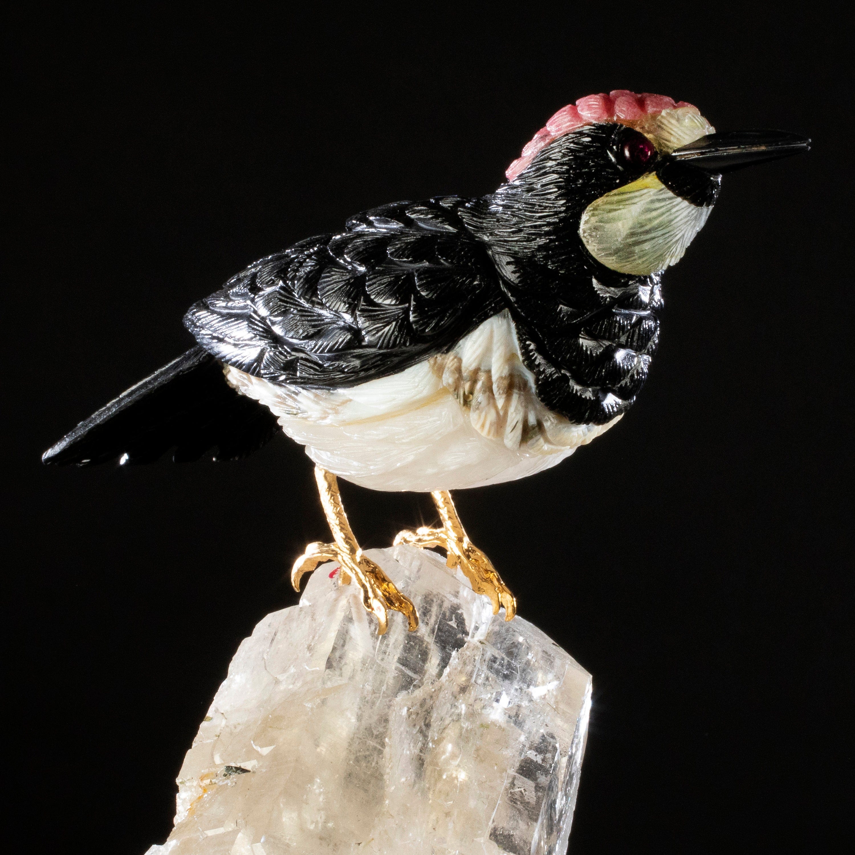 Kalifano Love Birds Carvings Obsidian, Ocean Jasper, Rhodochrosite, & Yellow Quartz Acorn Woodpecker Love Bird Carving on Quartz Cluster & Tourmaline Base LB.12351.001