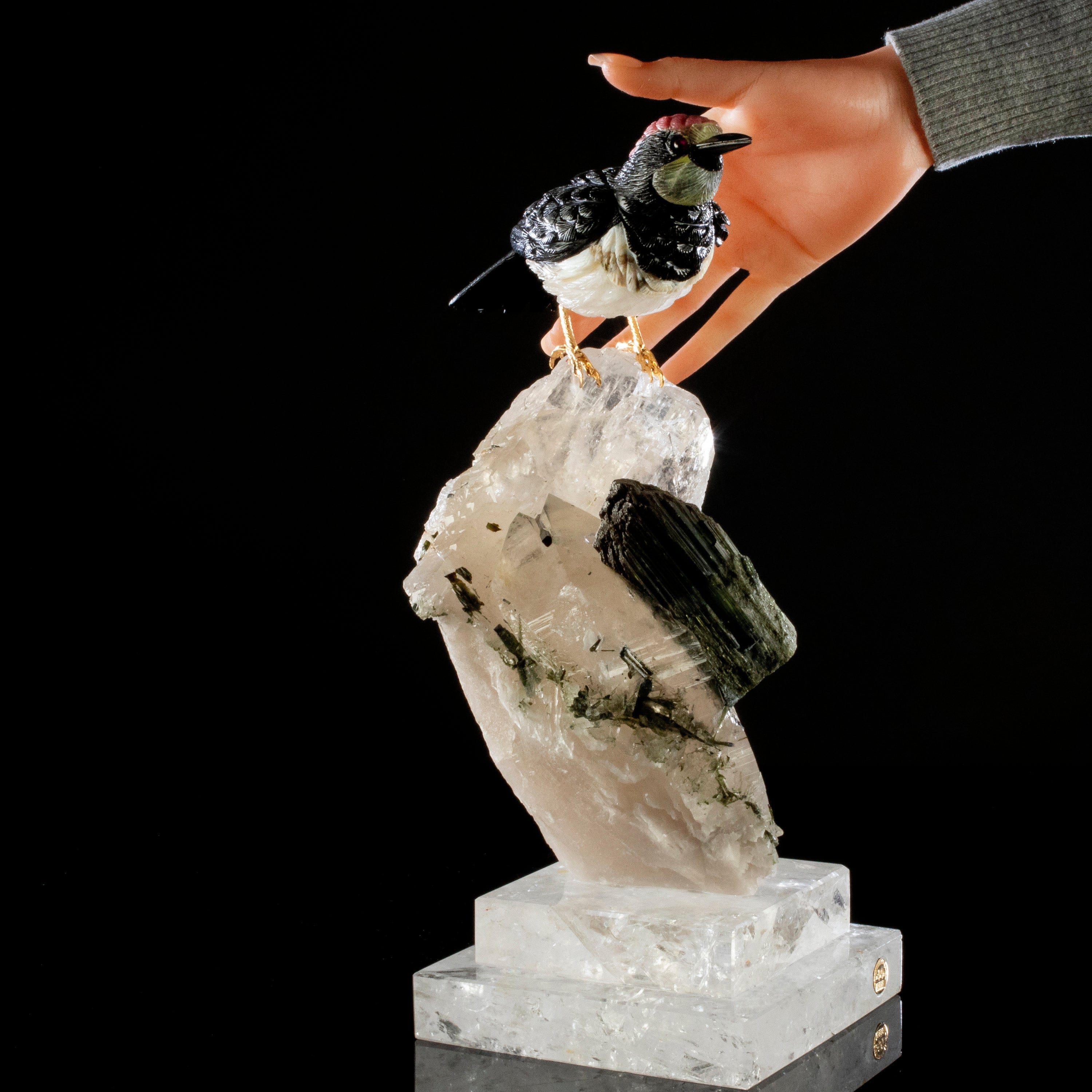 Kalifano Love Birds Carvings Obsidian, Ocean Jasper, Rhodochrosite, & Yellow Quartz Acorn Woodpecker Love Bird Carving on Quartz Cluster & Tourmaline Base LB.12351.001