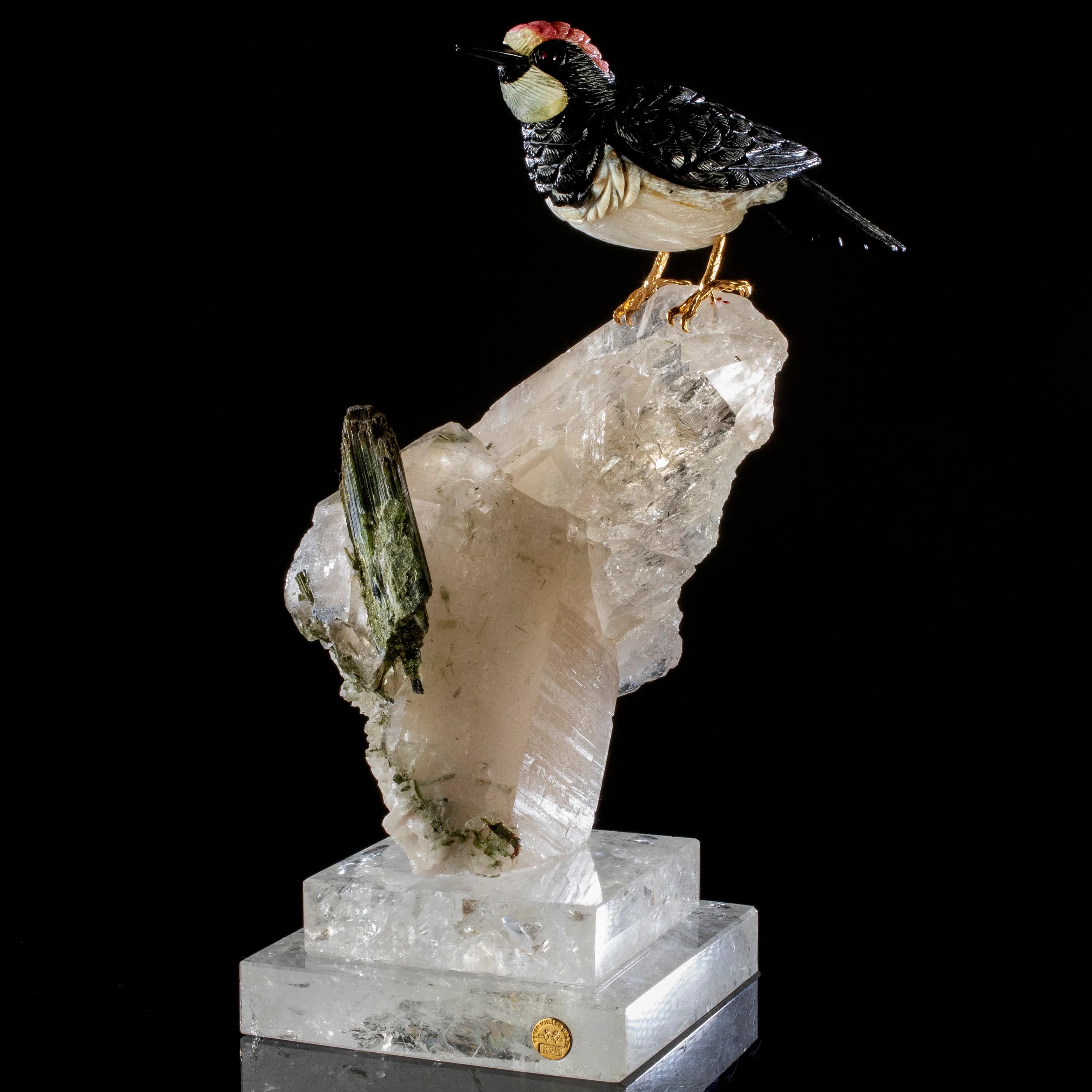 Kalifano Love Birds Carvings Obsidian, Ocean Jasper, Rhodochrosite, & Yellow Quartz Acorn Woodpecker Love Bird Carving on Quartz Cluster & Tourmaline Base LB.12351.001