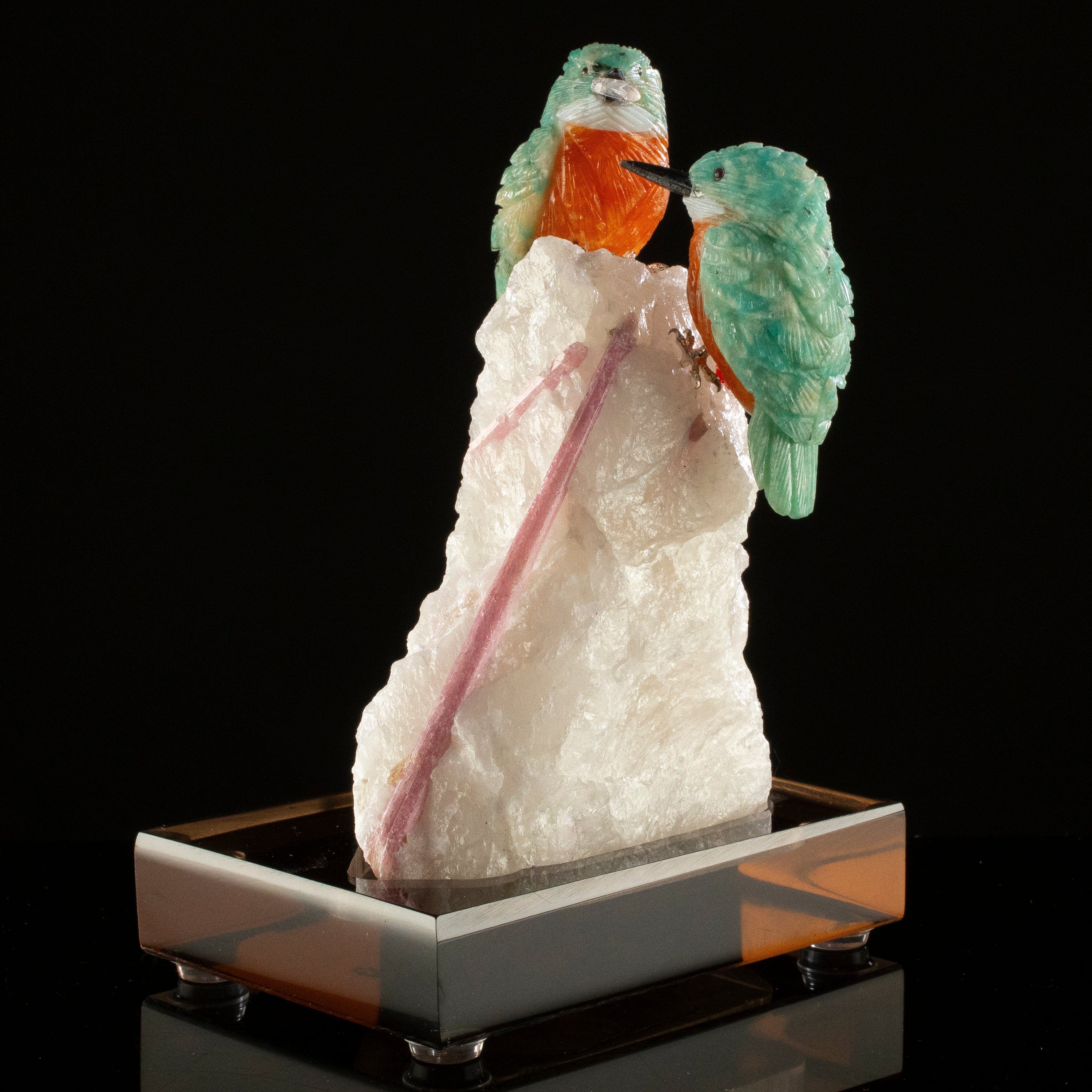 KALIFANO Love Birds Carvings Peter Muller Amazonite Kingfisher Couple Carving on Rubellite Base LB.C234.006