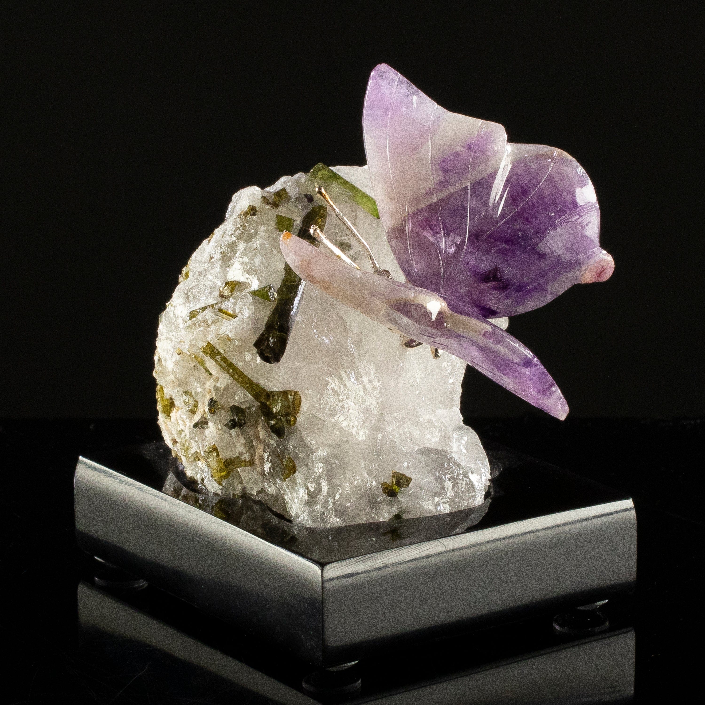 KALIFANO Love Birds Carvings Peter Muller Amethyst Butterfly Carving on Tourmaline Base LB.E101.049