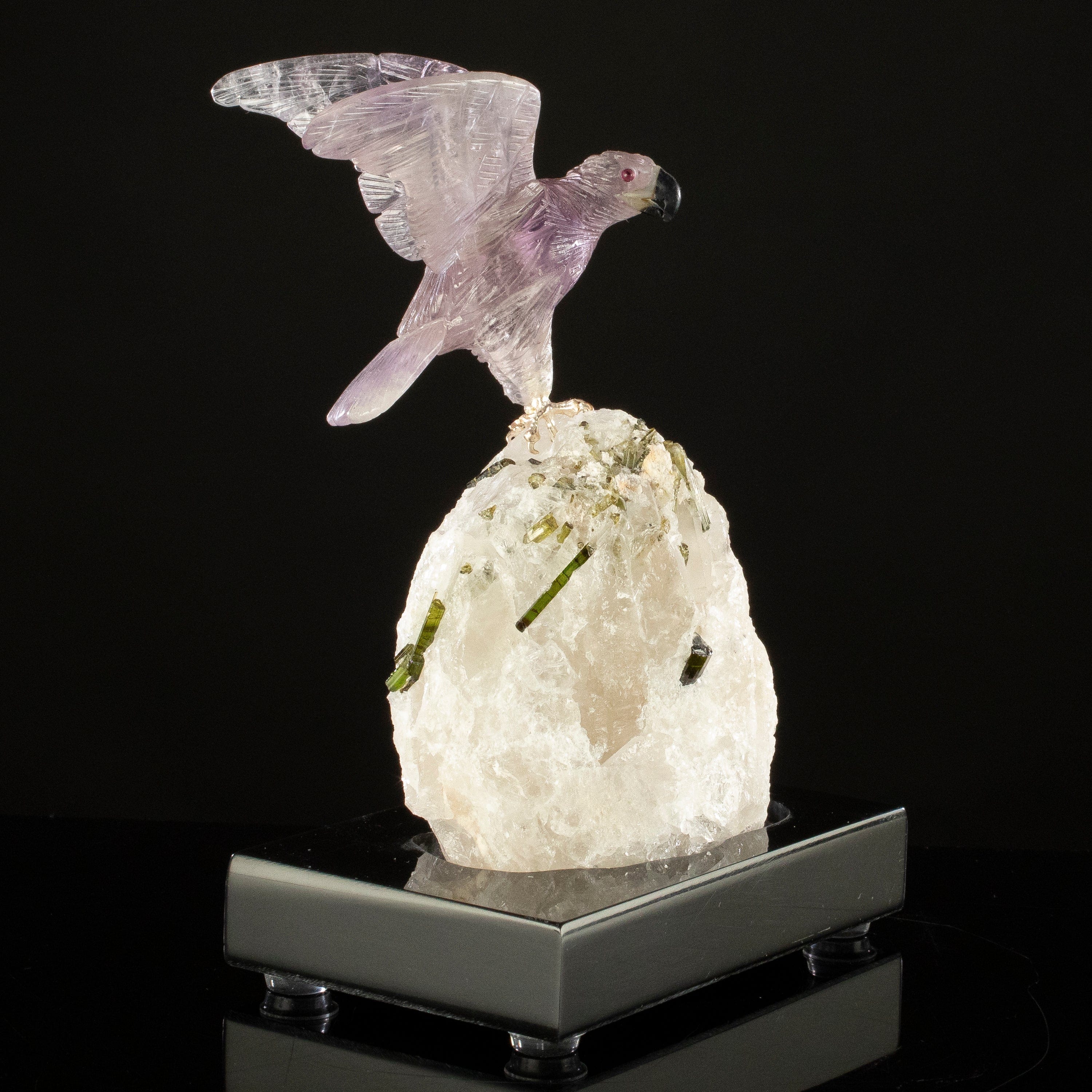 KALIFANO Love Birds Carvings Peter Muller Amethyst Falcon Carving on Tourmaline Base LB.C143.012