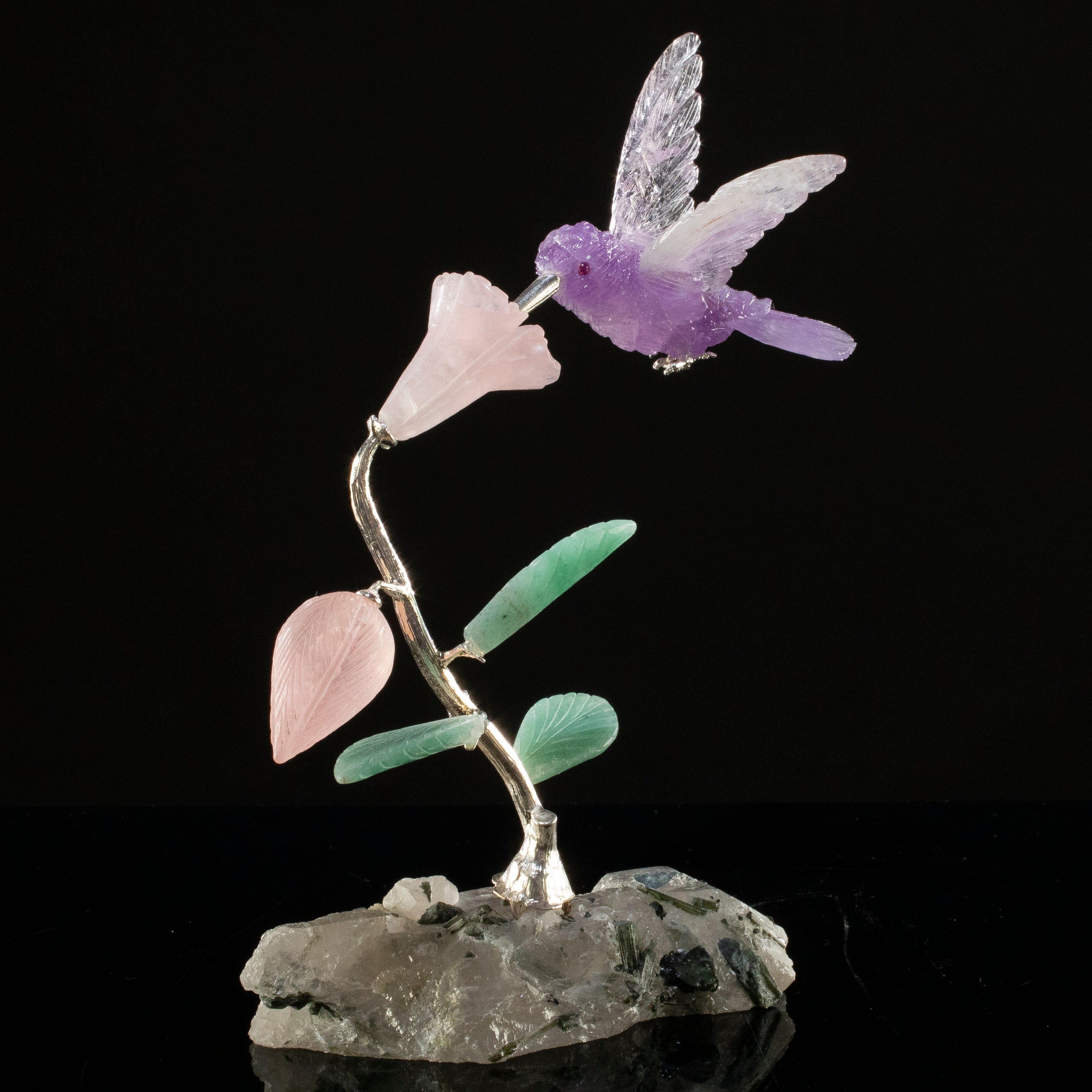 KALIFANO Love Birds Carvings Peter Muller Amethyst Hummingbird Carving on Tourmaline & Rose Quartz Flower Base LB.C127.001