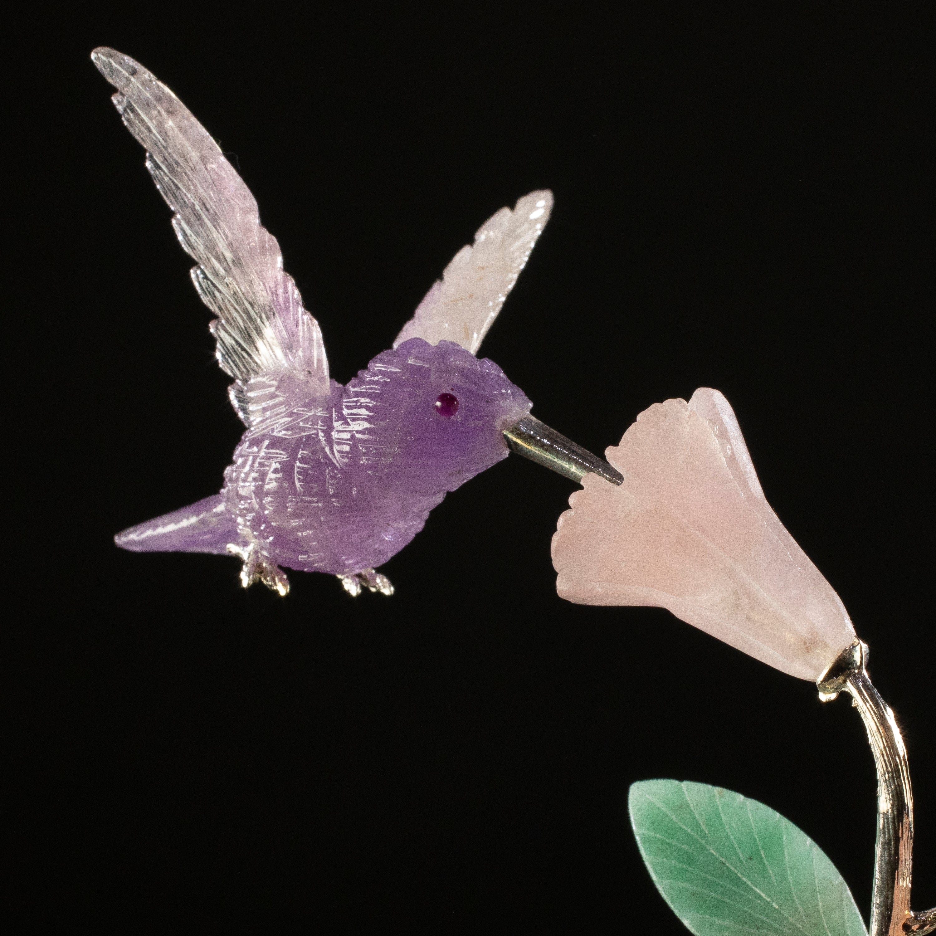 KALIFANO Love Birds Carvings Peter Muller Amethyst Hummingbird Carving on Tourmaline & Rose Quartz Flower Base LB.C127.001