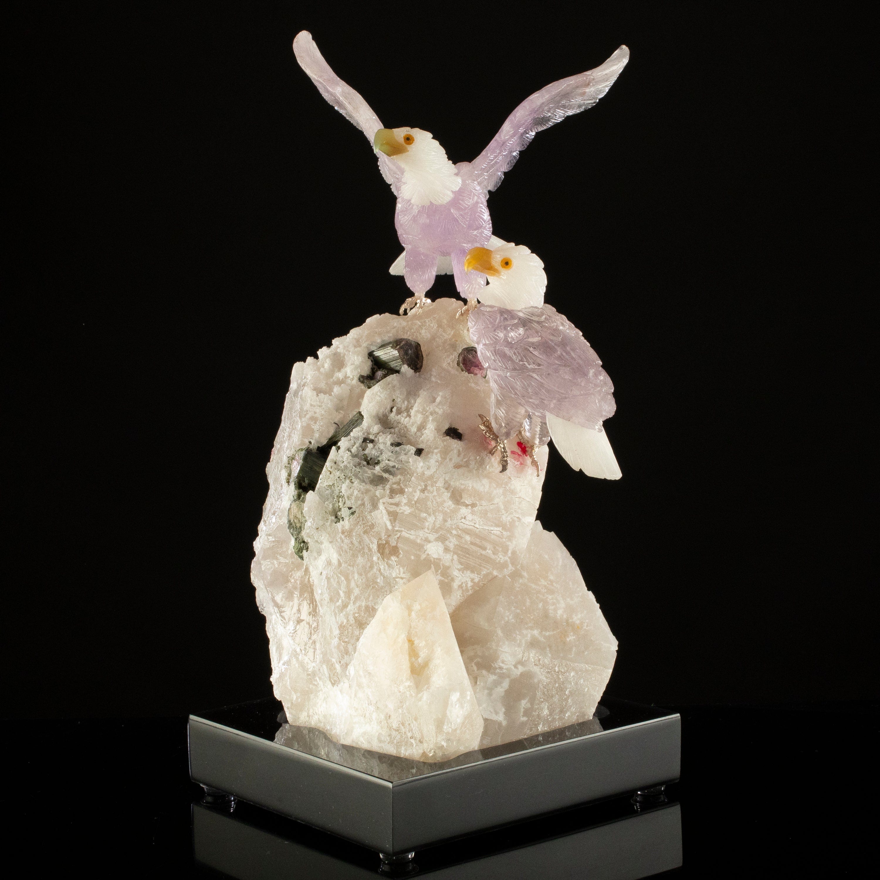 KALIFANO Love Birds Carvings Peter Muller Amethyst & Quartz Eagle Couple Carving on Watermelon Tourmaline Base LB.A235.003