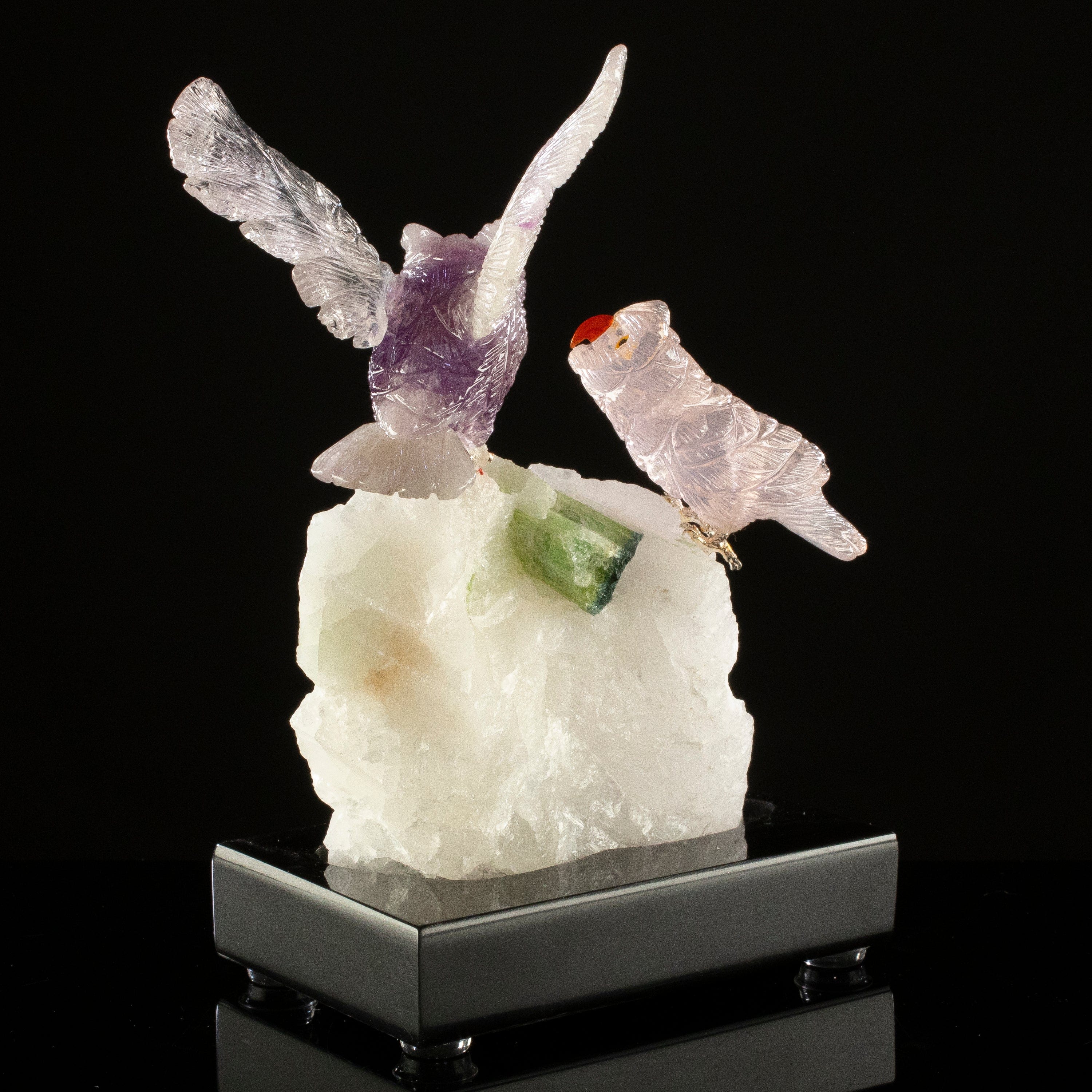 KALIFANO Love Birds Carvings Peter Muller Amethyst & Rose Quartz Owl Couple Carving on Tourmaline Base LB.C203.007