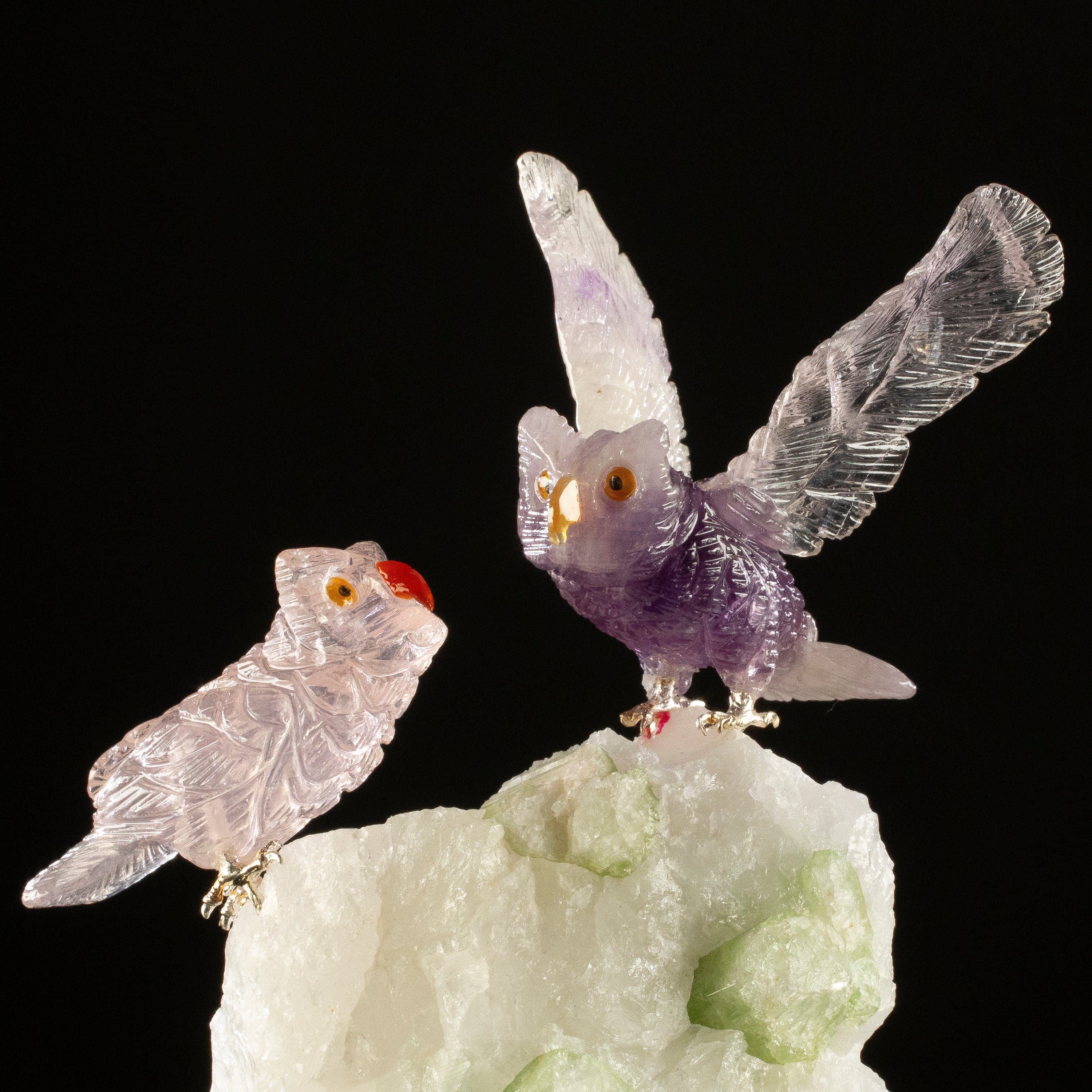 KALIFANO Love Birds Carvings Peter Muller Amethyst & Rose Quartz Owl Couple Carving on Tourmaline Base LB.C203.007