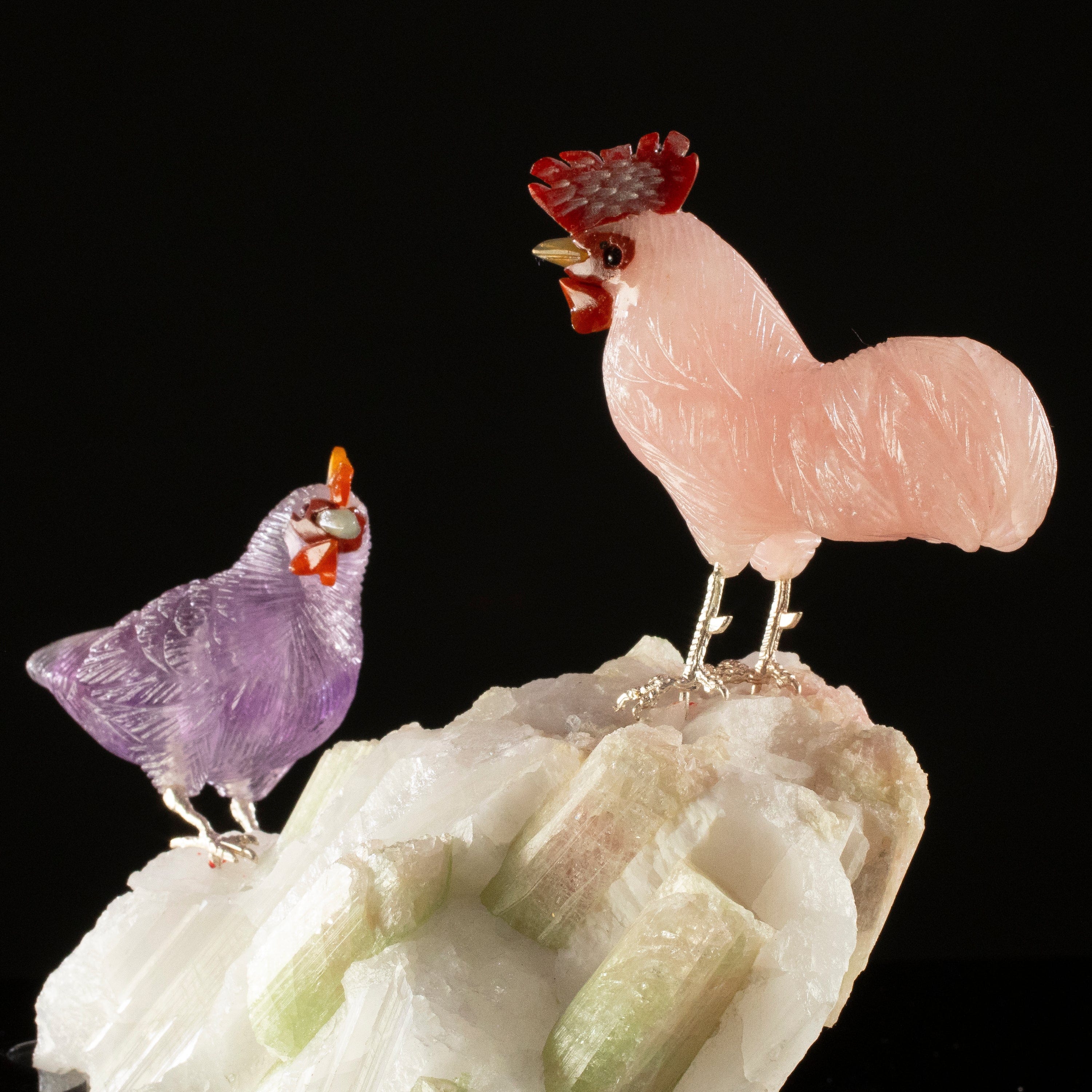 KALIFANO Love Birds Carvings Peter Muller Amethyst & Rose Quartz Rooster Couple Carving on Watermelon Tourmaline Base LB.A219.006