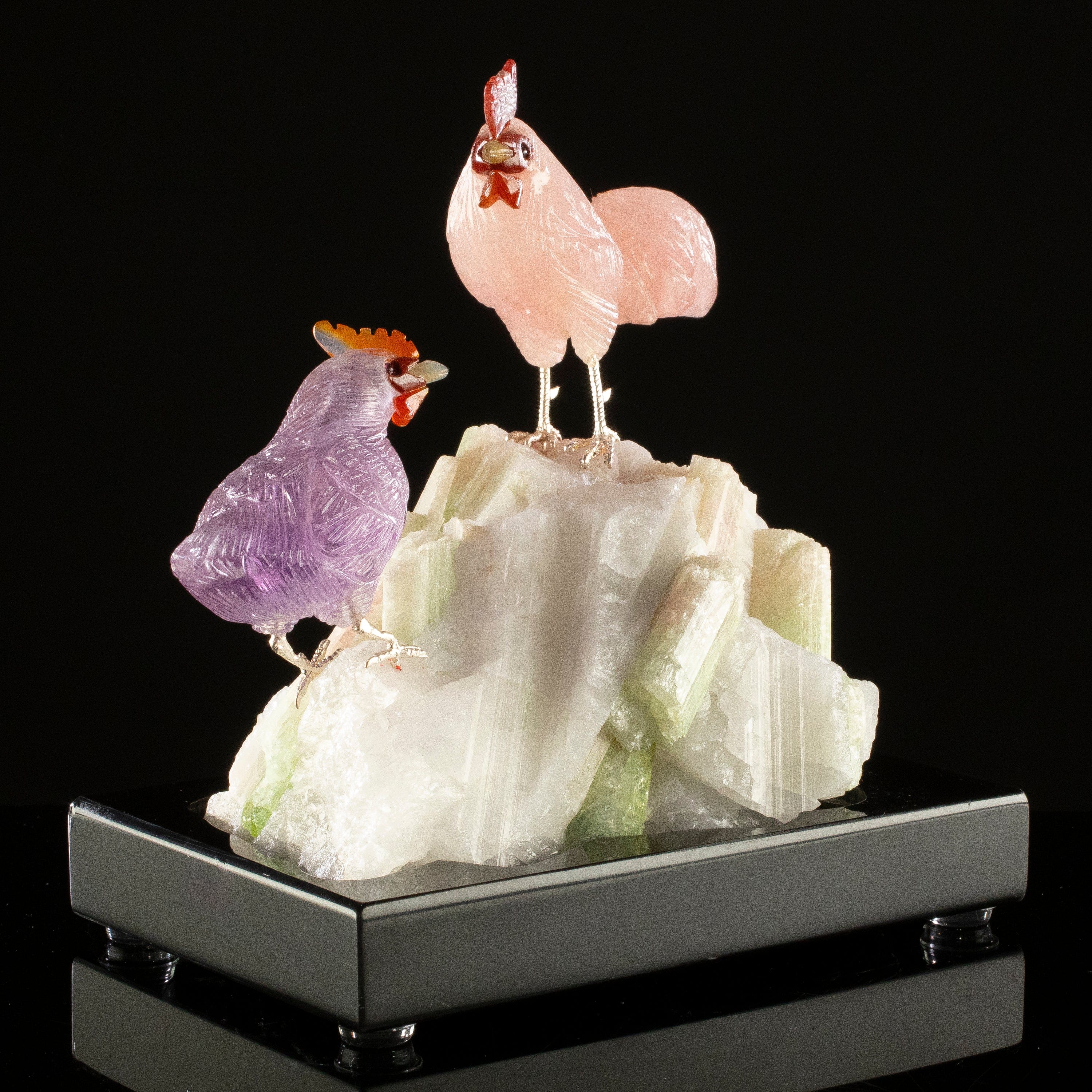 KALIFANO Love Birds Carvings Peter Muller Amethyst & Rose Quartz Rooster Couple Carving on Watermelon Tourmaline Base LB.A219.006