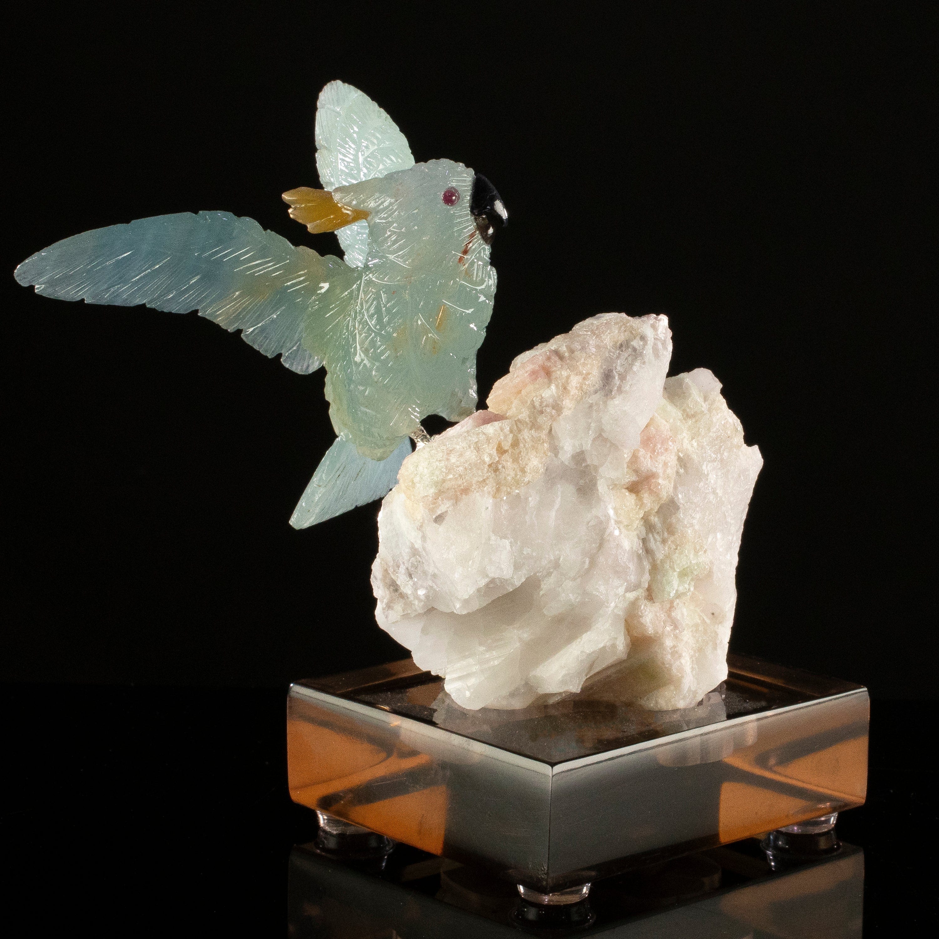 KALIFANO Love Birds Carvings Peter Muller Blue Calcite Cockatoo Carving on Watermelon Tourmaline Base LB.C305.002