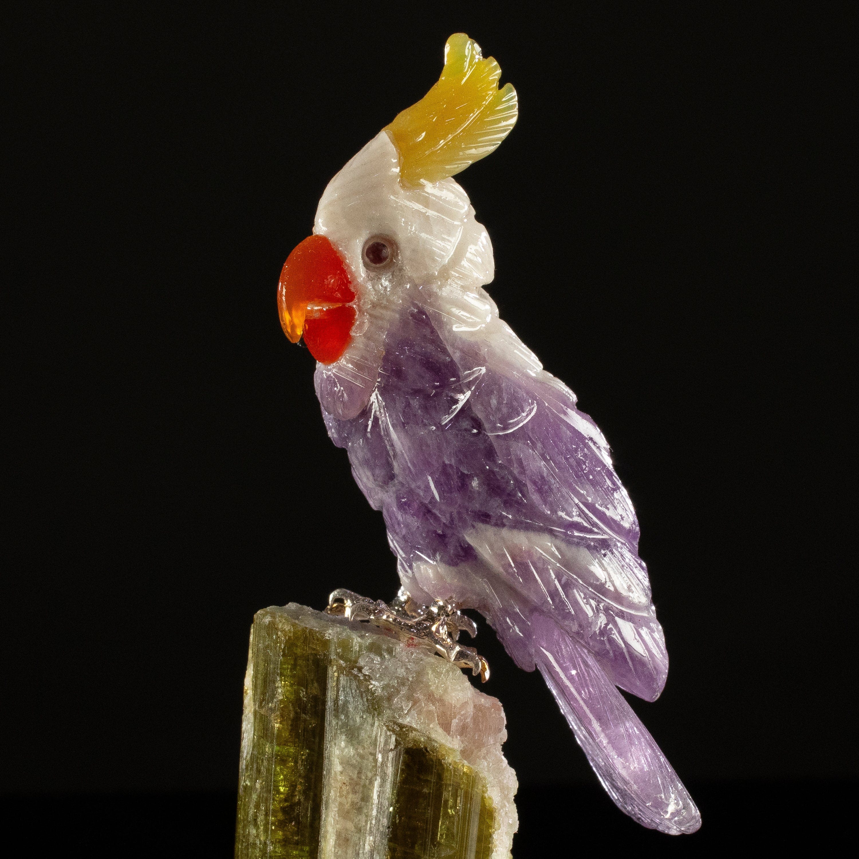 KALIFANO Love Birds Carvings Peter Muller Chevron Amethyst Cockatoo Carving on Tourmaline Base LB.C305.004