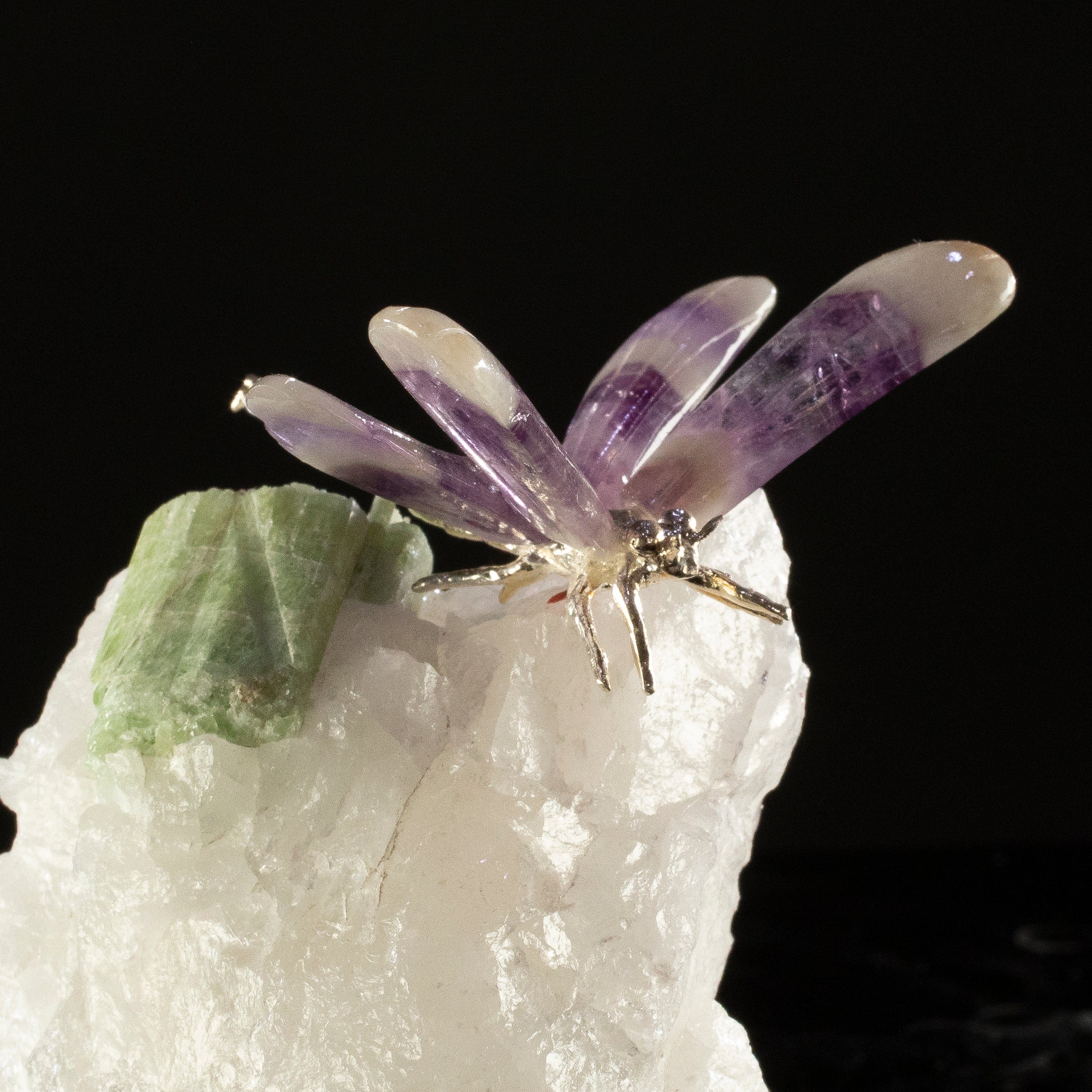 KALIFANO Love Birds Carvings Peter Muller Chevron Amethyst Dragonfly Carving on Tourmaline Base LB.E104.036