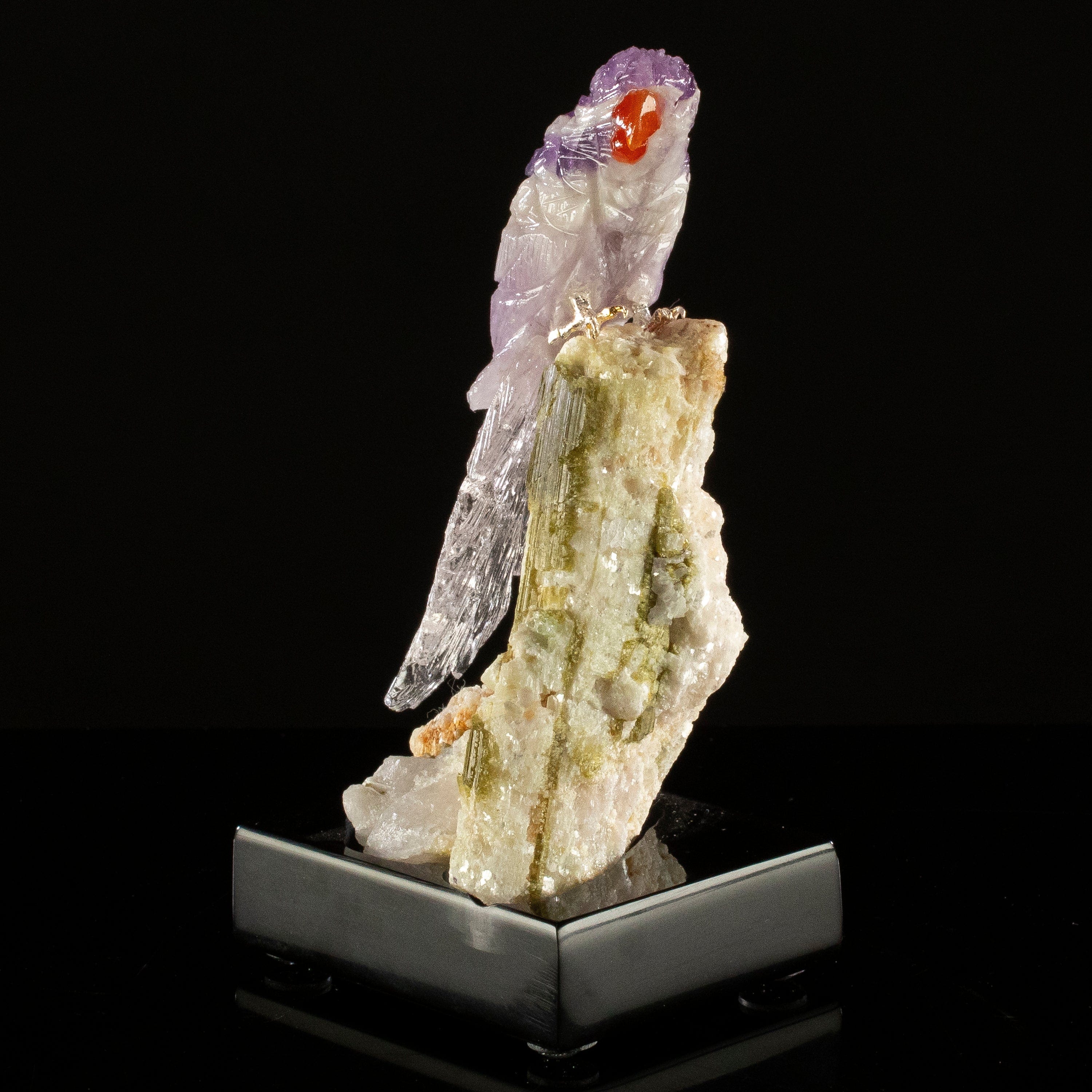 KALIFANO Love Birds Carvings Peter Muller Chevron Amethyst Macaw Carving on Watermelon Tourmaline Base LB.C116.014