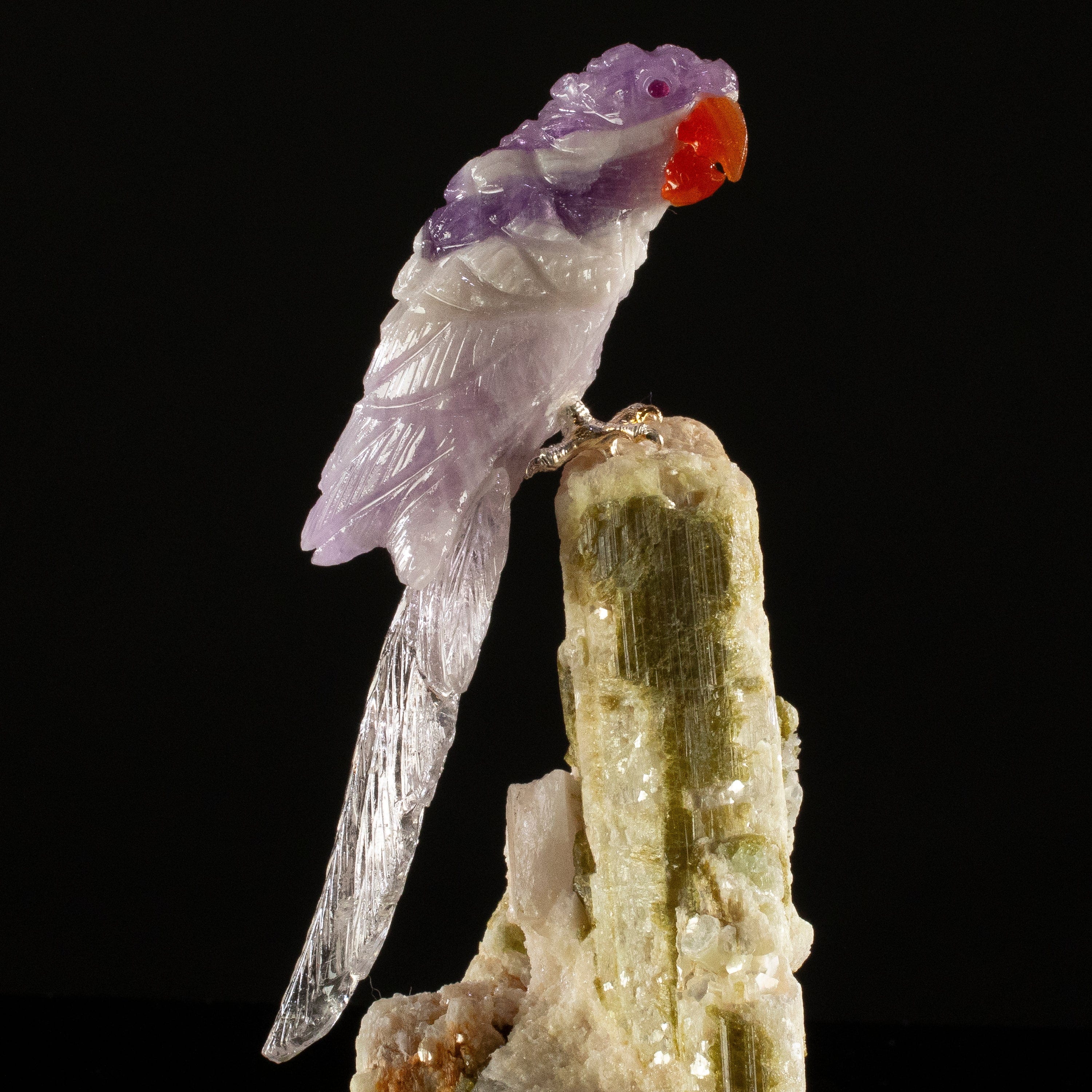 KALIFANO Love Birds Carvings Peter Muller Chevron Amethyst Macaw Carving on Watermelon Tourmaline Base LB.C116.014