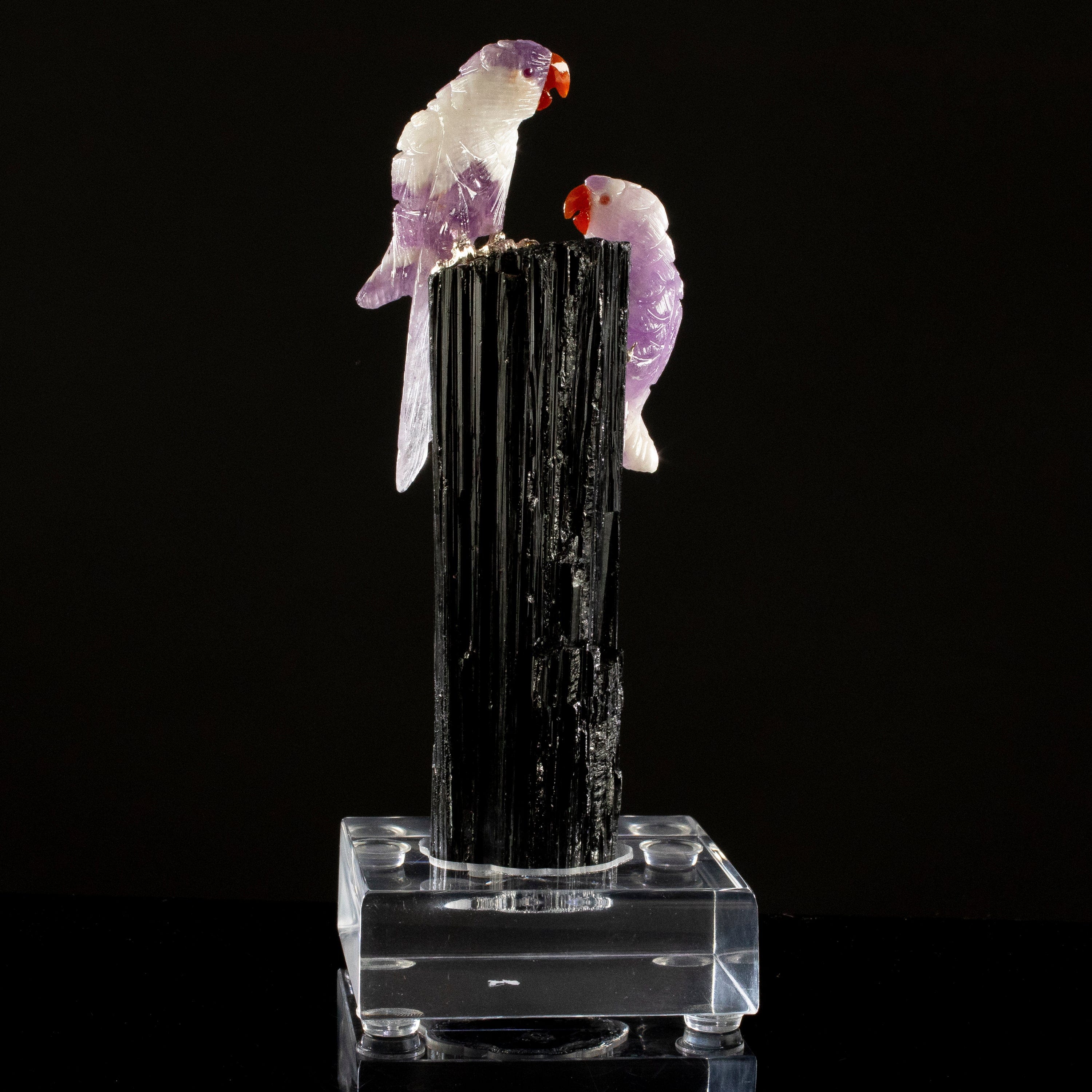 KALIFANO Love Birds Carvings Peter Muller Chevron Amethyst Macaw Couple Carving on Black Tourmaline Base LB.C216.002