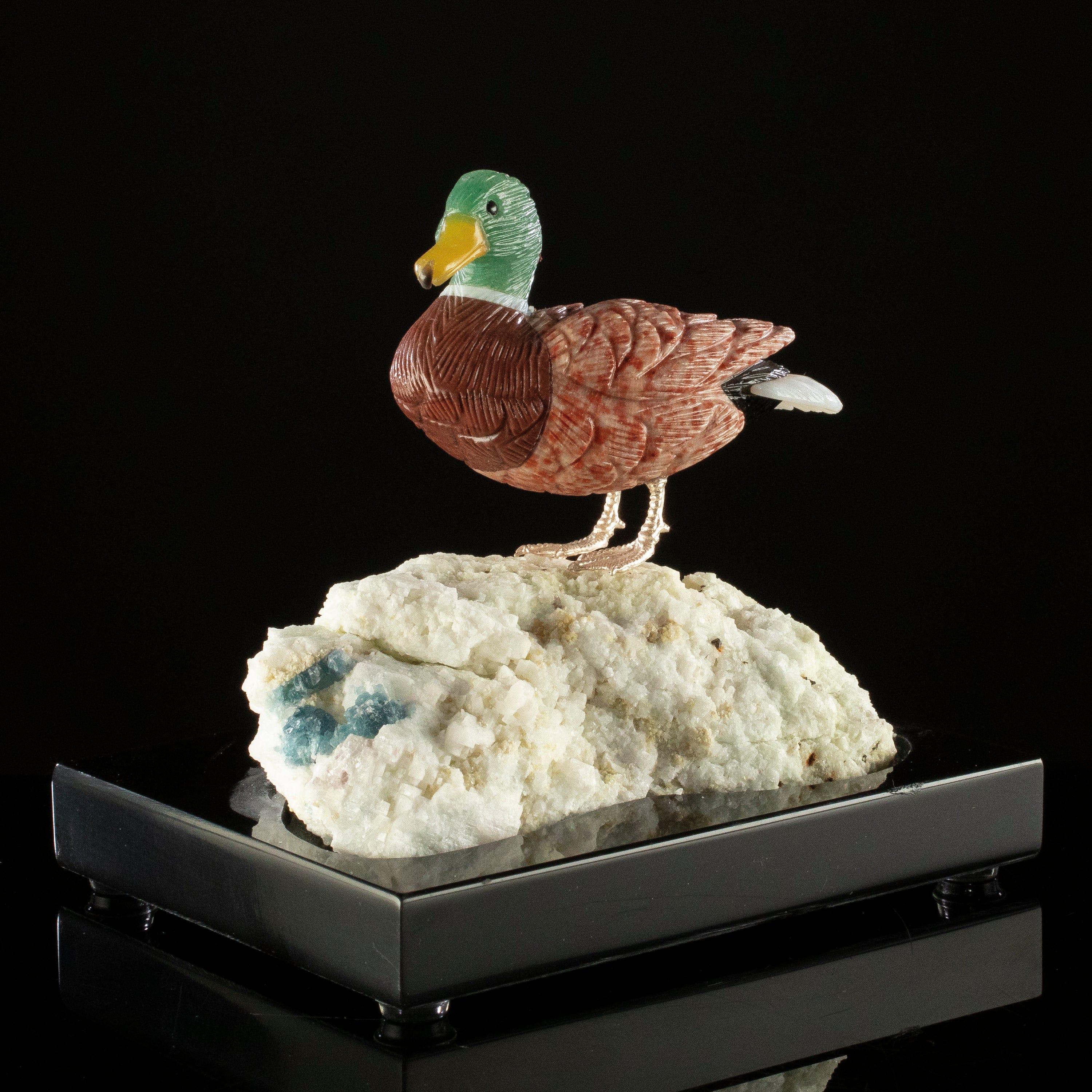 KALIFANO Love Birds Carvings Peter Muller Dolomite & Aventurine Duck Carving on Quartz Geode Base LB.D107.003