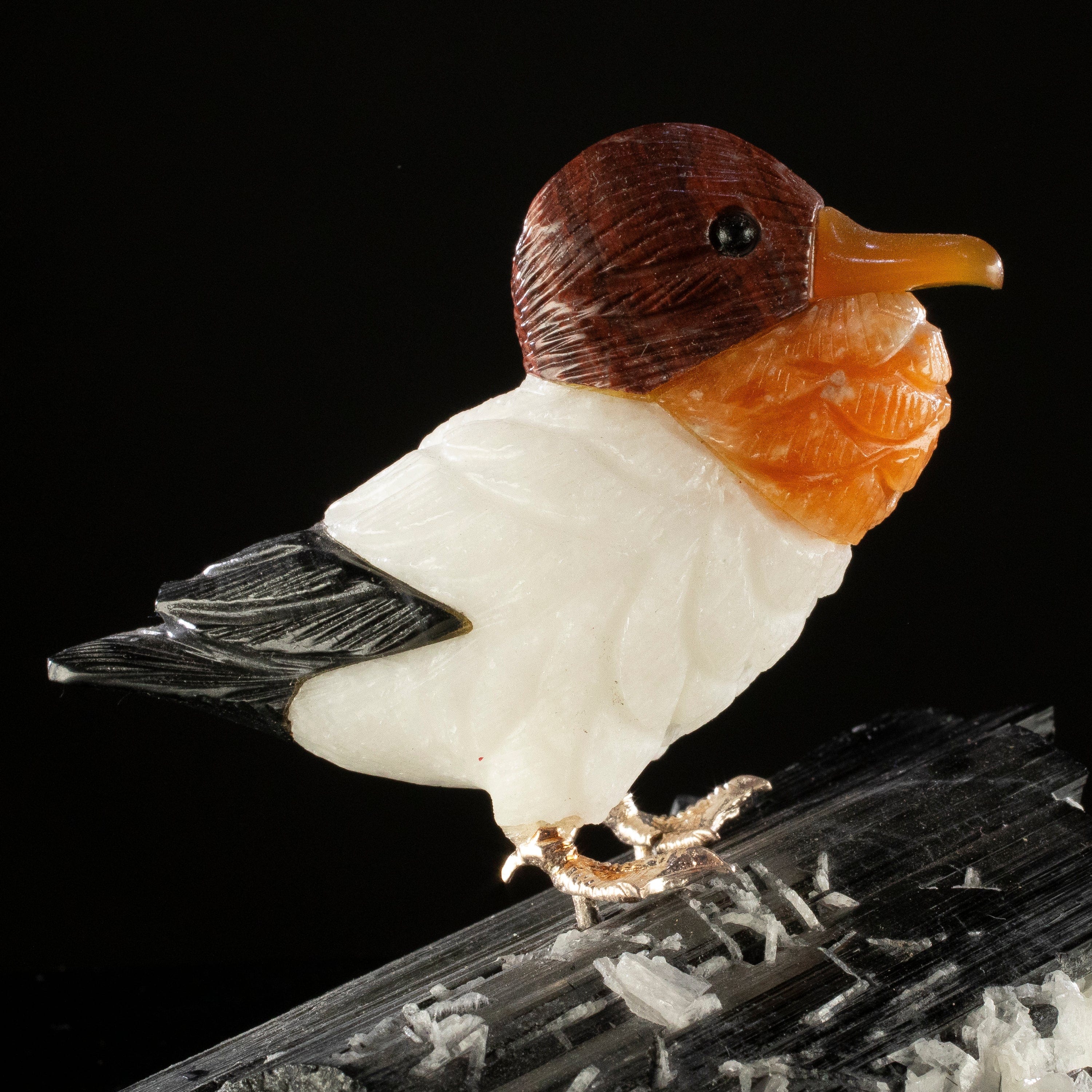 KALIFANO Love Birds Carvings Peter Muller Dolomite, Quartz, Obsidian Duck Carving on Black Tourmaline Base LB.D102.001