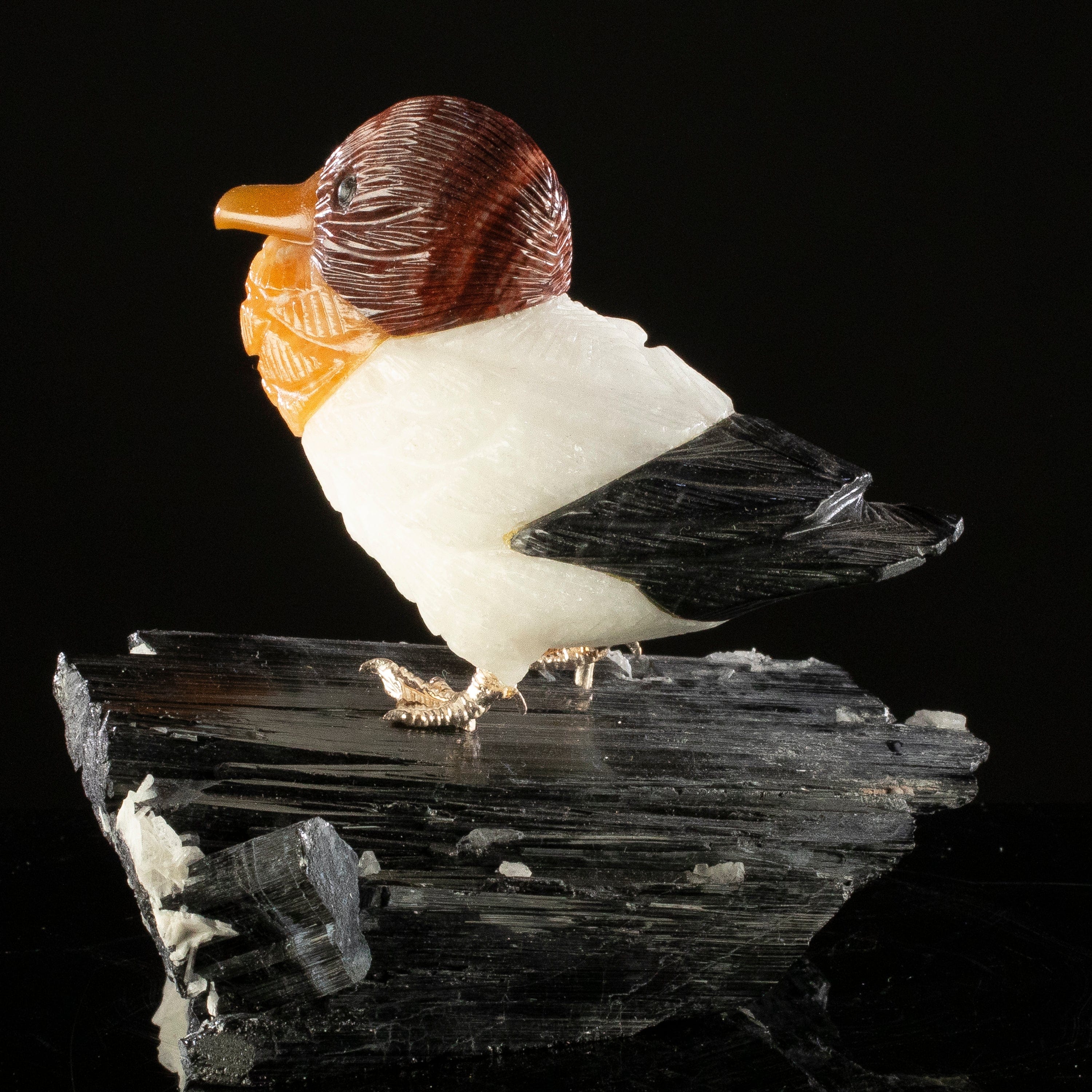 KALIFANO Love Birds Carvings Peter Muller Dolomite, Quartz, Obsidian Duck Carving on Black Tourmaline Base LB.D102.001