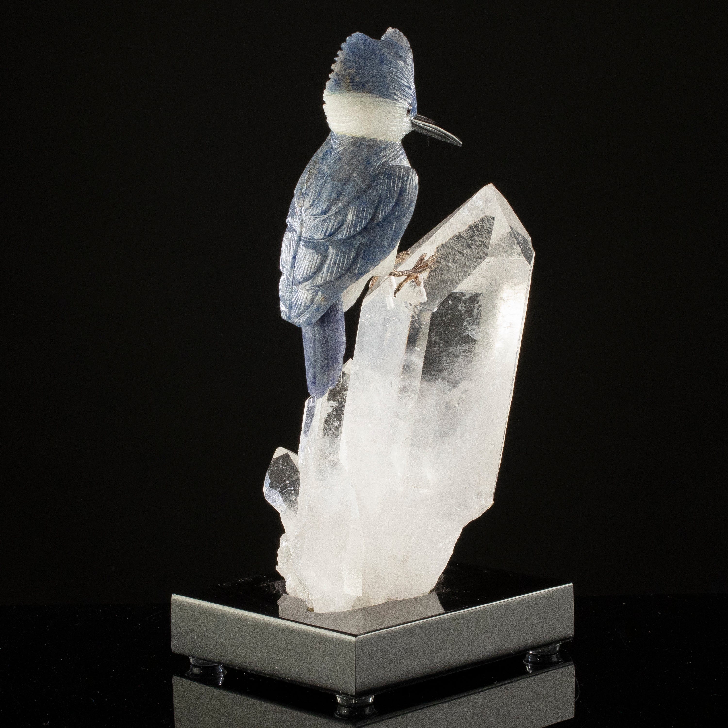 KALIFANO Love Birds Carvings Peter Muller Dumortierite Kingfisher Carving on Quartz Point Base LB.B112.001