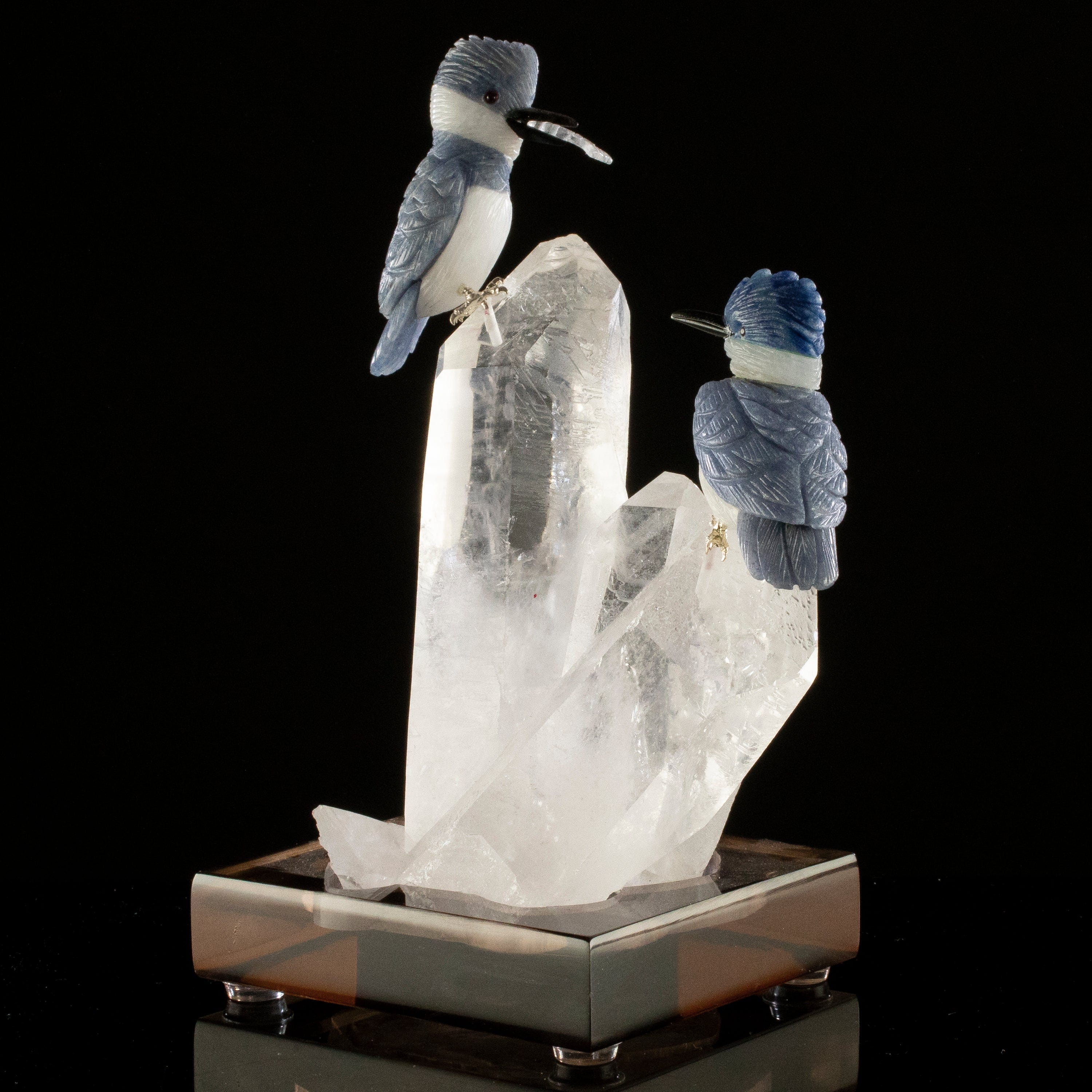 KALIFANO Love Birds Carvings Peter Muller Dumortierite Kingfisher Couple Carving on Quartz Cluster Base LB.C230.003