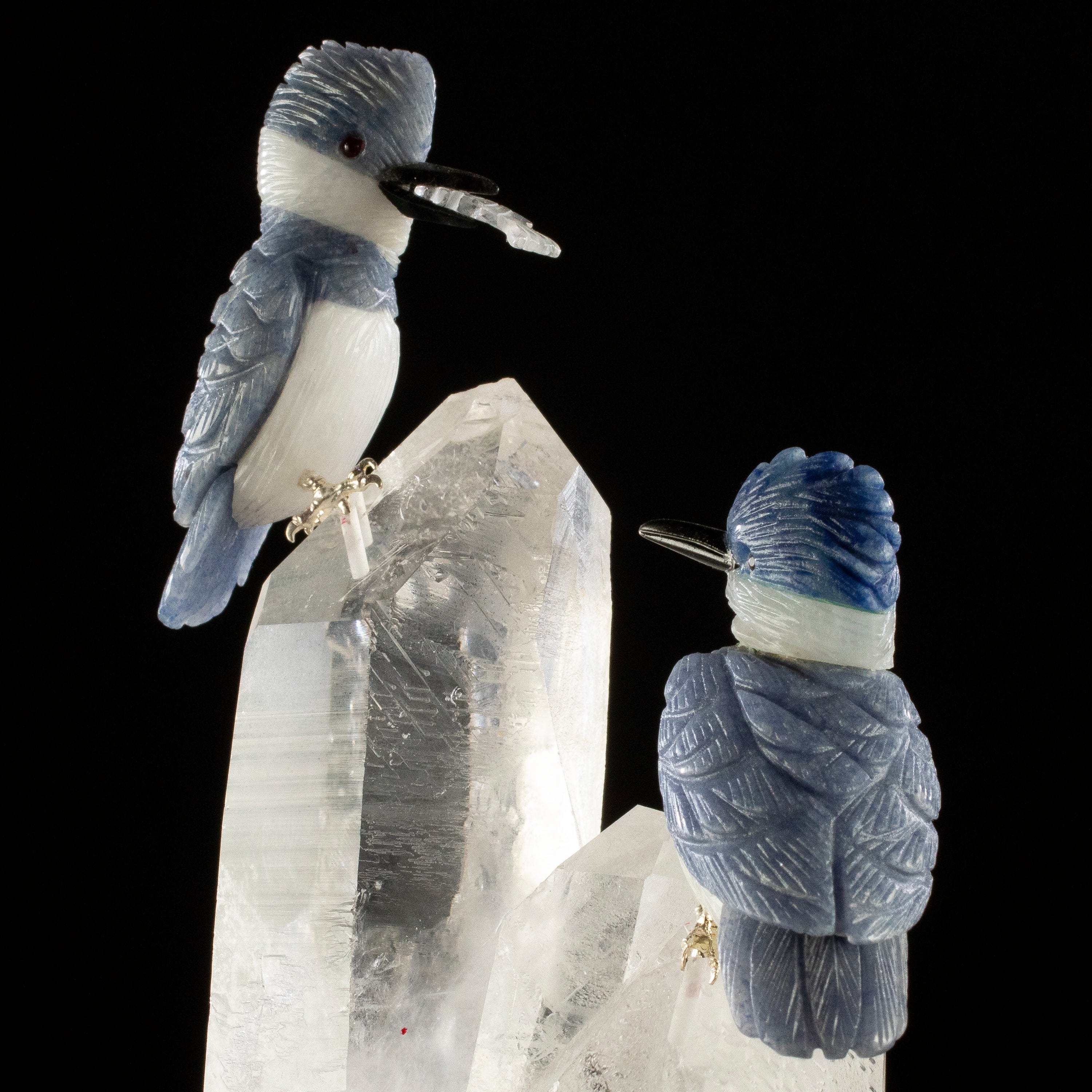 KALIFANO Love Birds Carvings Peter Muller Dumortierite Kingfisher Couple Carving on Quartz Cluster Base LB.C230.003