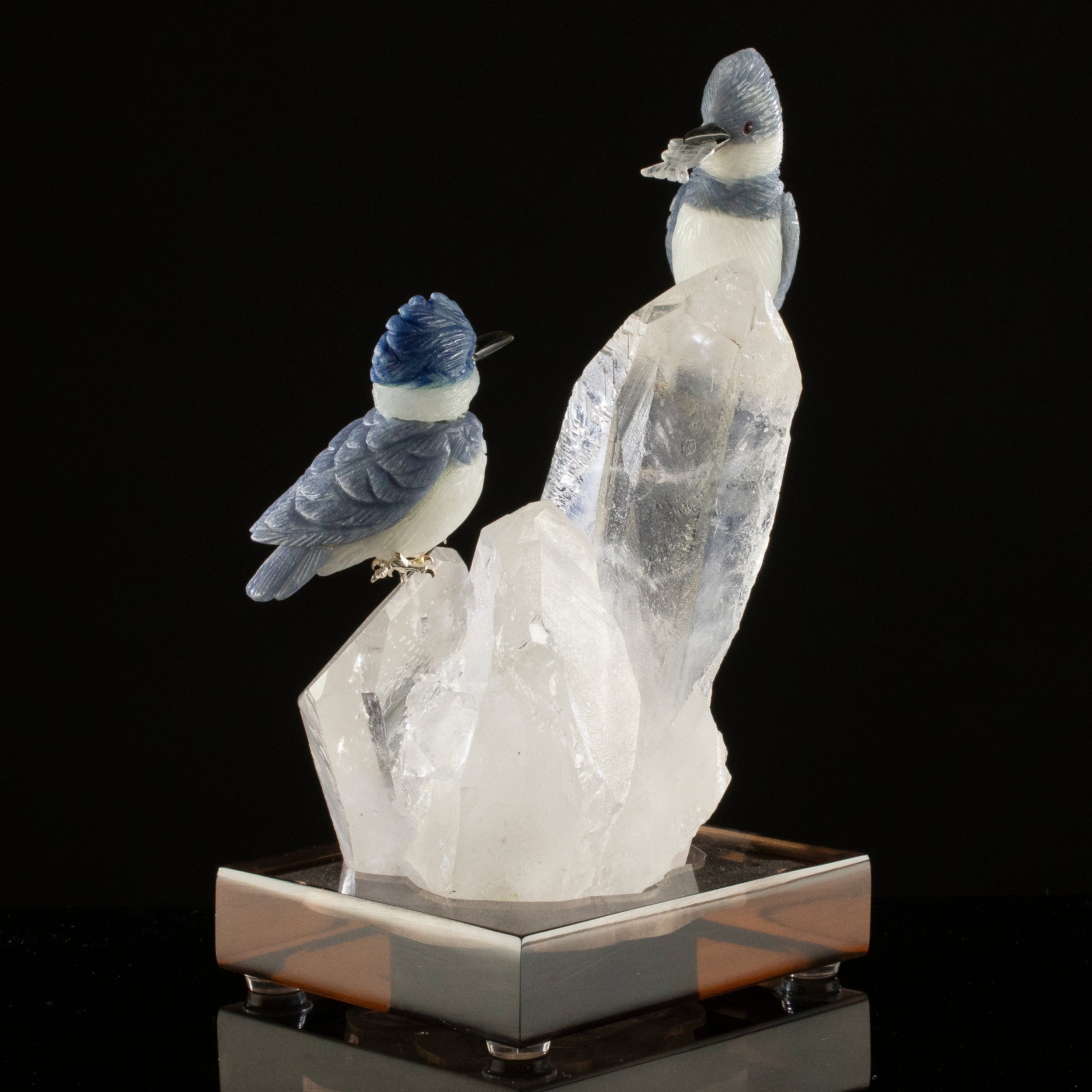 KALIFANO Love Birds Carvings Peter Muller Dumortierite Kingfisher Couple Carving on Quartz Cluster Base LB.C230.003