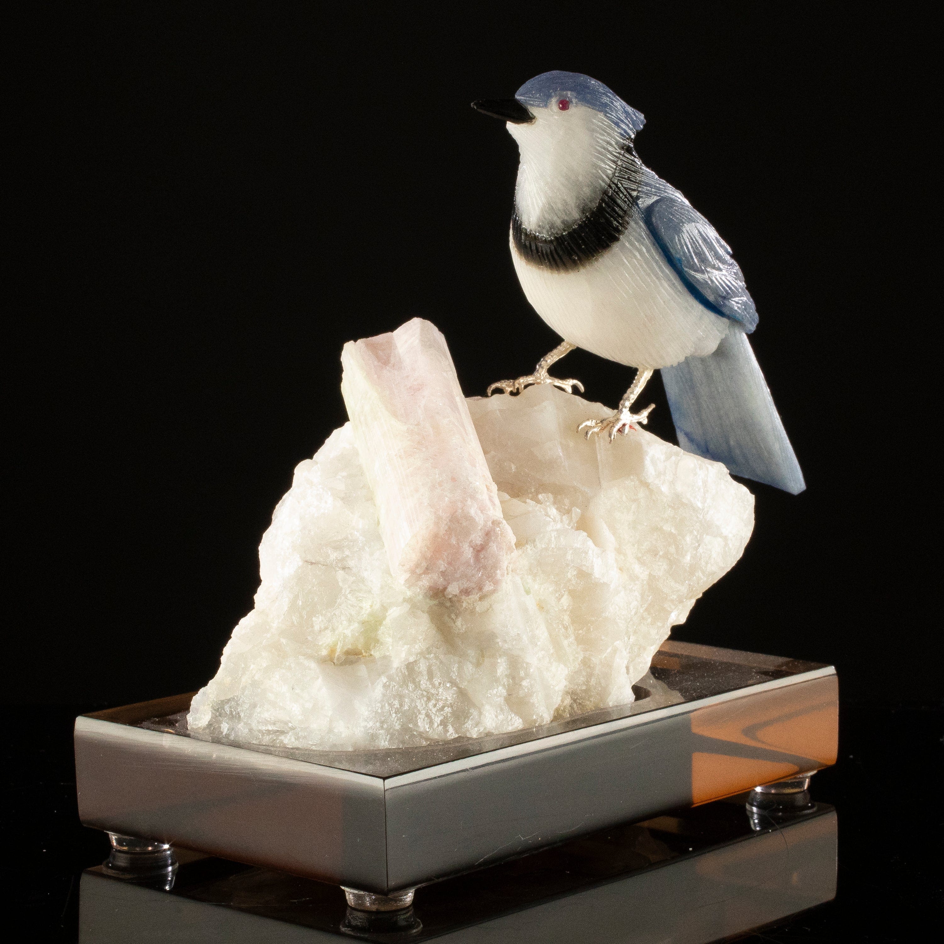 KALIFANO Love Birds Carvings Peter Muller Dumortierite & Quartz Blue Jay Carving on Watermelon Tourmaline Base LB.A117.004