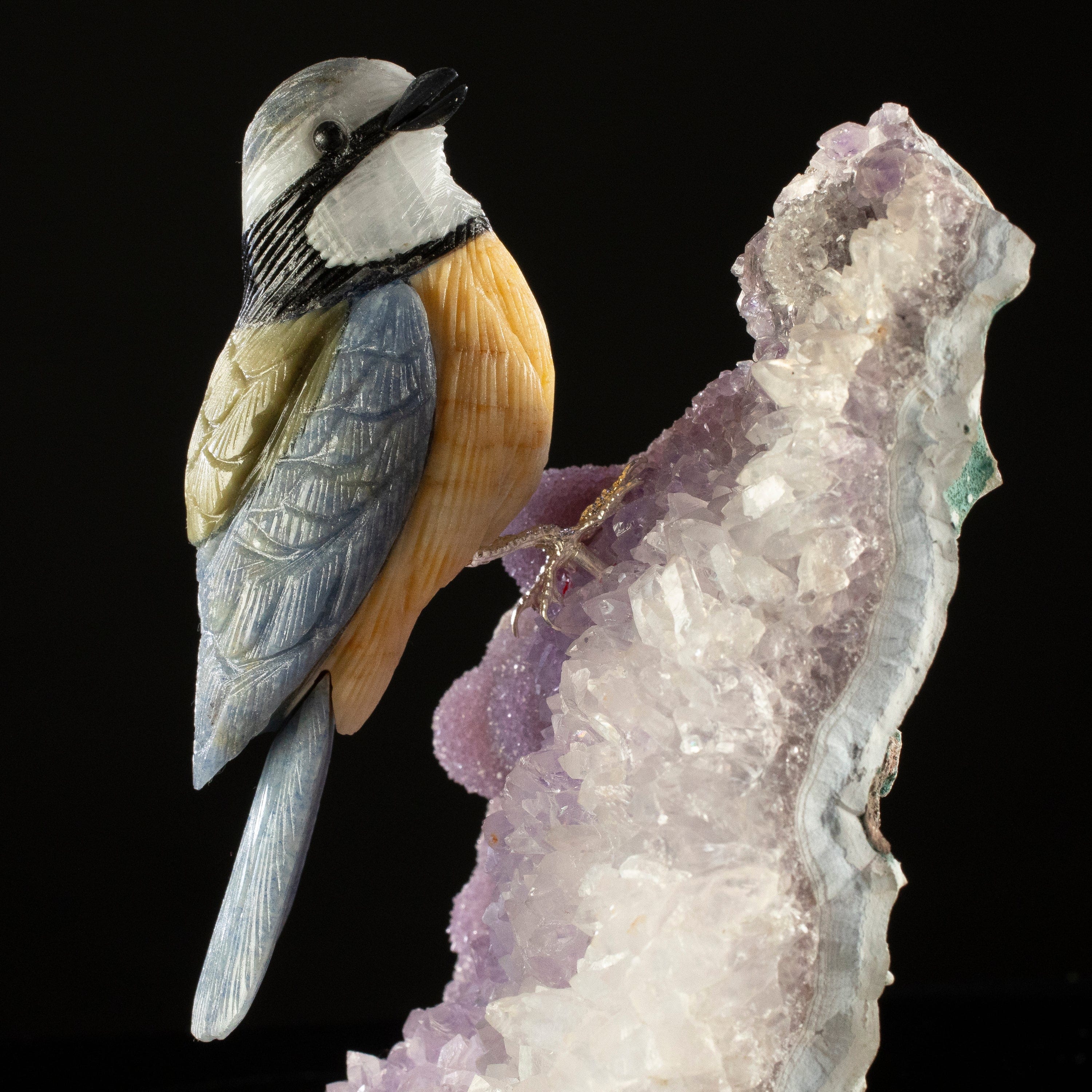 KALIFANO Love Birds Carvings Peter Muller Dumortierite & Quartz Blue Tit Carving on Amethyst Geode Base LB.A150.006