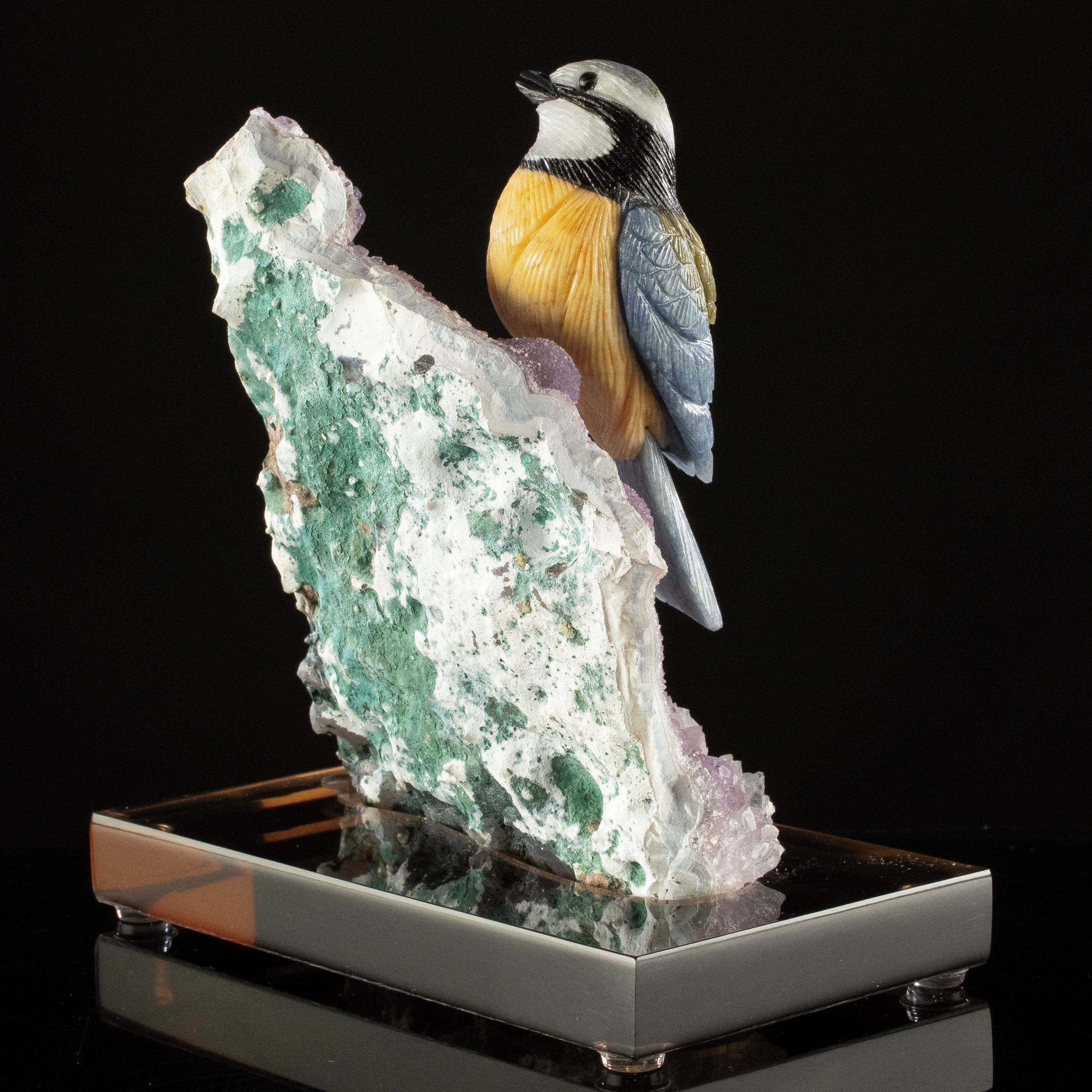 KALIFANO Love Birds Carvings Peter Muller Dumortierite & Quartz Blue Tit Carving on Amethyst Geode Base LB.A150.006