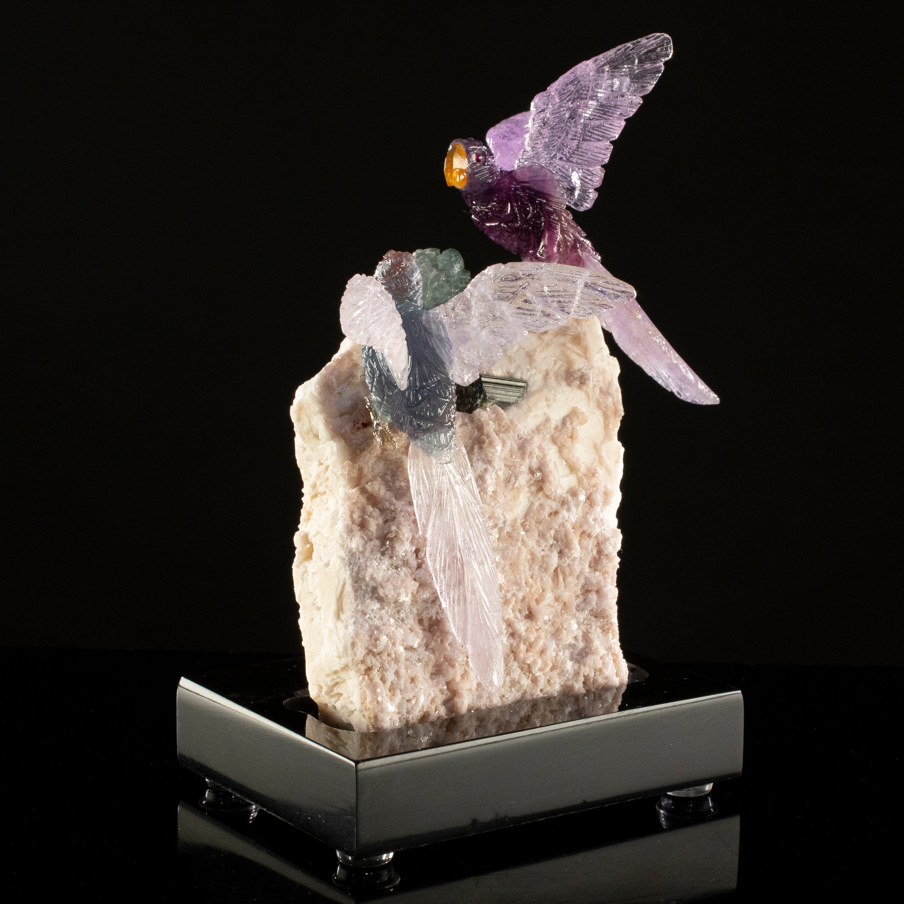 KALIFANO Love Birds Carvings Peter Muller Fluorite & Amethyst Macaw Couple Carving on Watermelon Tourmaline Base LB.C226.018