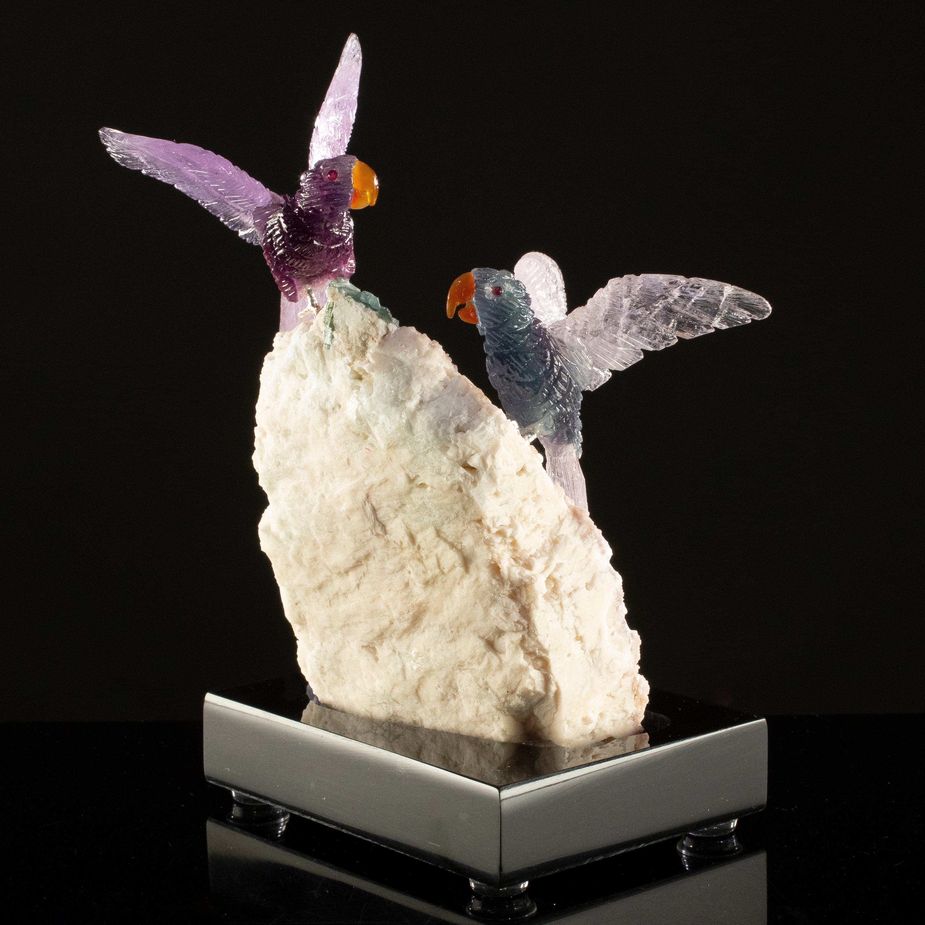 KALIFANO Love Birds Carvings Peter Muller Fluorite & Amethyst Macaw Couple Carving on Watermelon Tourmaline Base LB.C226.018