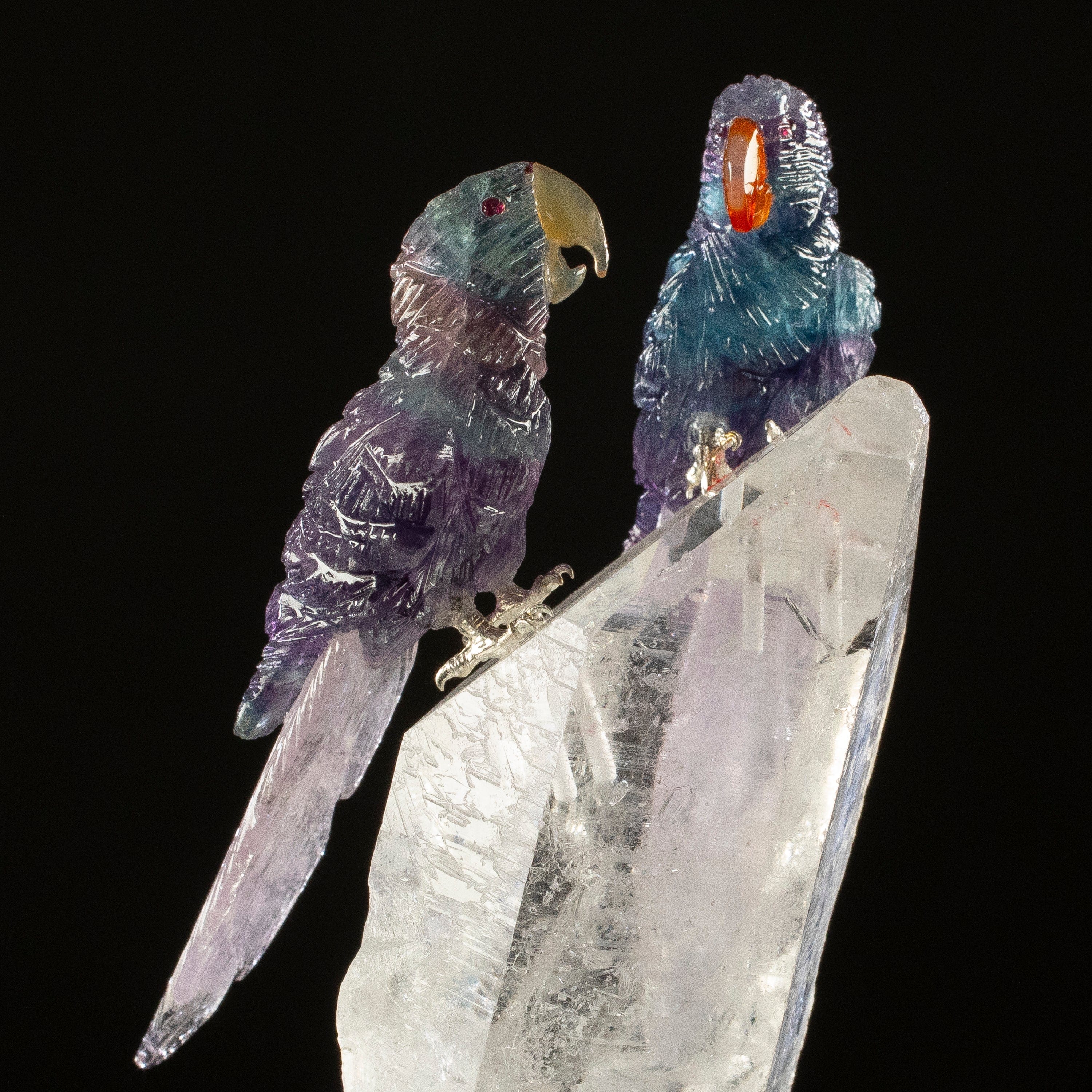 KALIFANO Love Birds Carvings Peter Muller Fluorite Macaw Couple Carving on Quartz Point Base LB.C216.006