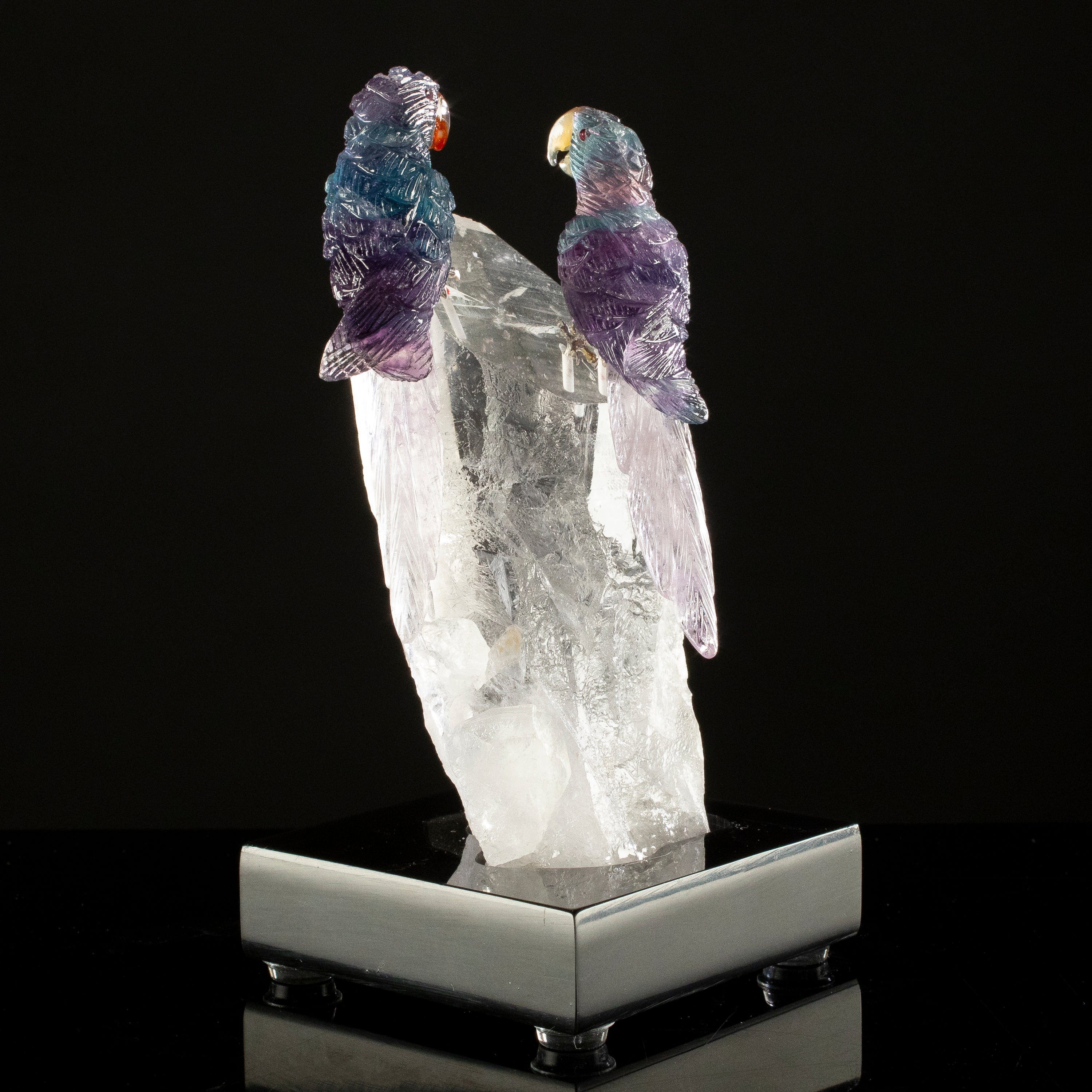 KALIFANO Love Birds Carvings Peter Muller Fluorite Macaw Couple Carving on Quartz Point Base LB.C216.006