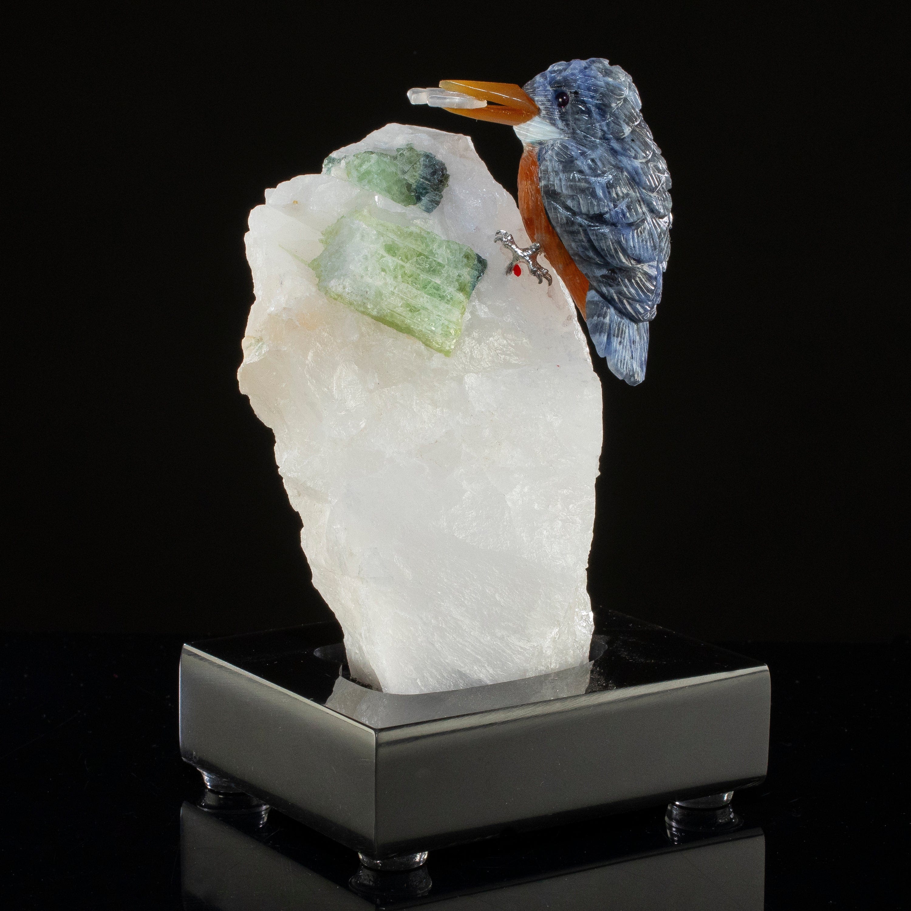 KALIFANO Love Birds Carvings Peter Muller Kyanite Kingfisher Carving on Tourmaline Base LB.C134.004