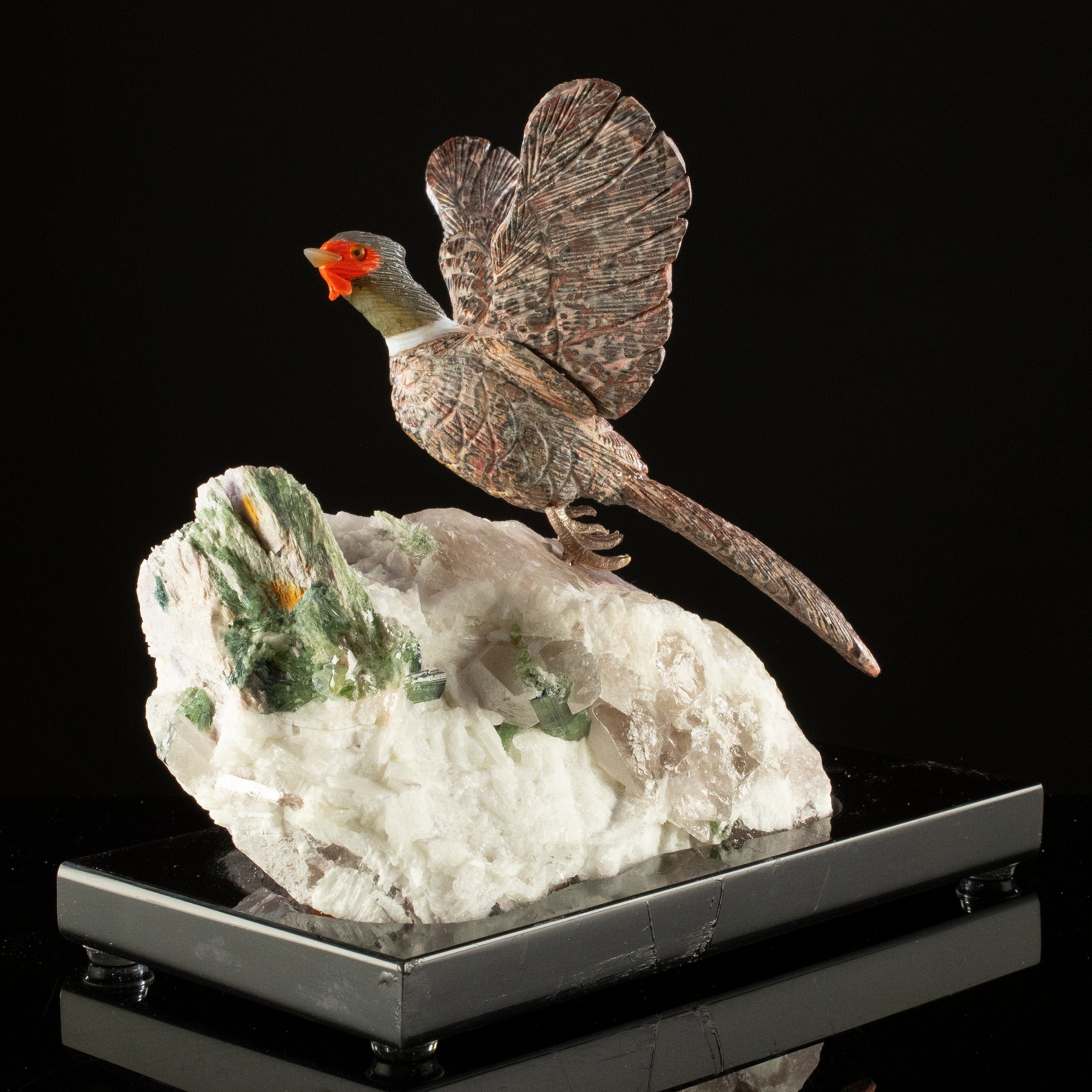 KALIFANO Love Birds Carvings Peter Muller Leopard Skin Jasper Pheasant Carving on Watermelon Tourmaline Base LB.A162.003