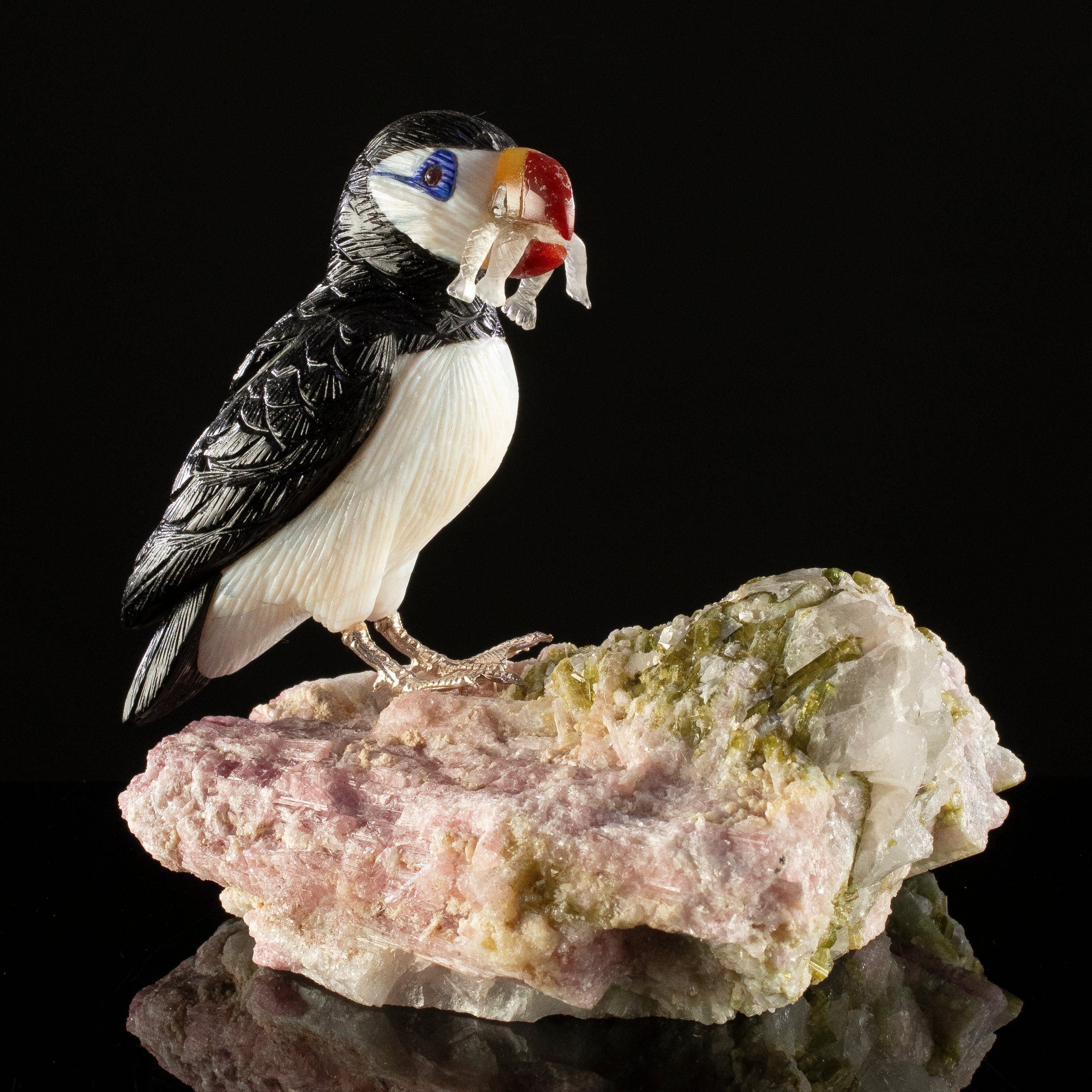 KALIFANO Love Birds Carvings Peter Muller Obsidian Puffin Carving on Watermelon Tourmaline Base LB.A179.002