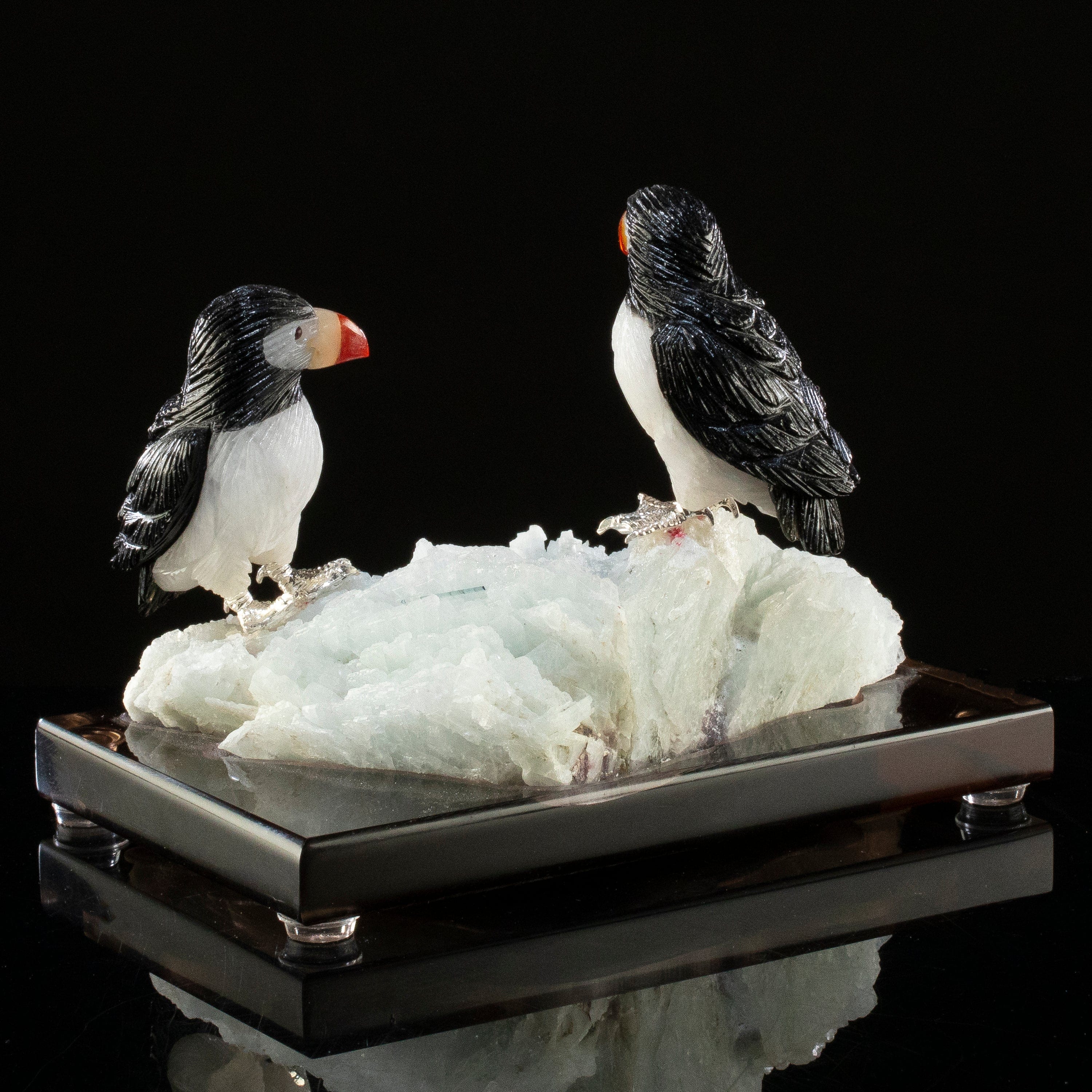 KALIFANO Love Birds Carvings Peter Muller Obsidian & Quartz Puffin Couple Carving on Calcite Base LB.A246.001