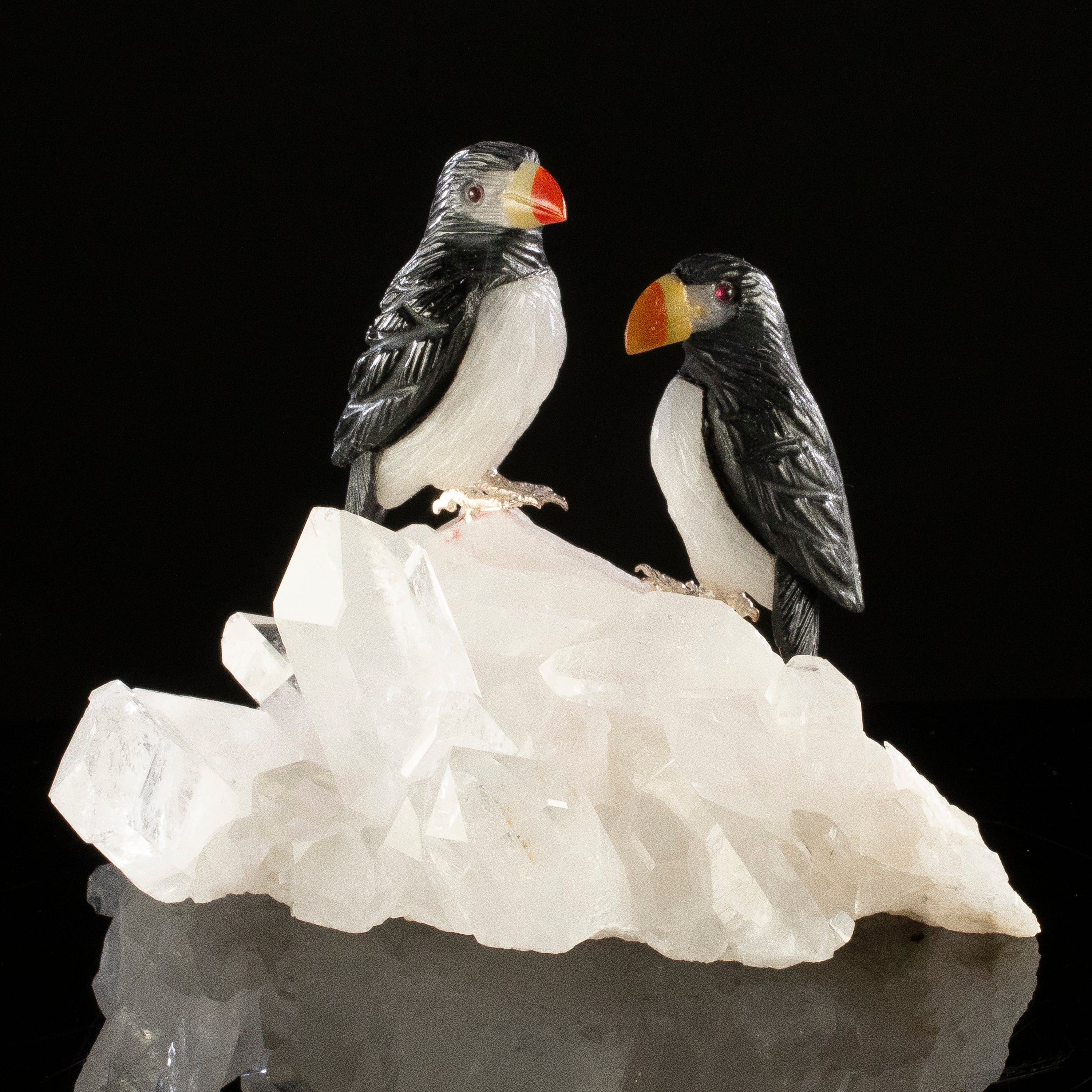 KALIFANO Love Birds Carvings Peter Muller Obsidian & Quartz Puffin Couple Carving on Quartz Cluster Base LB.A245.001