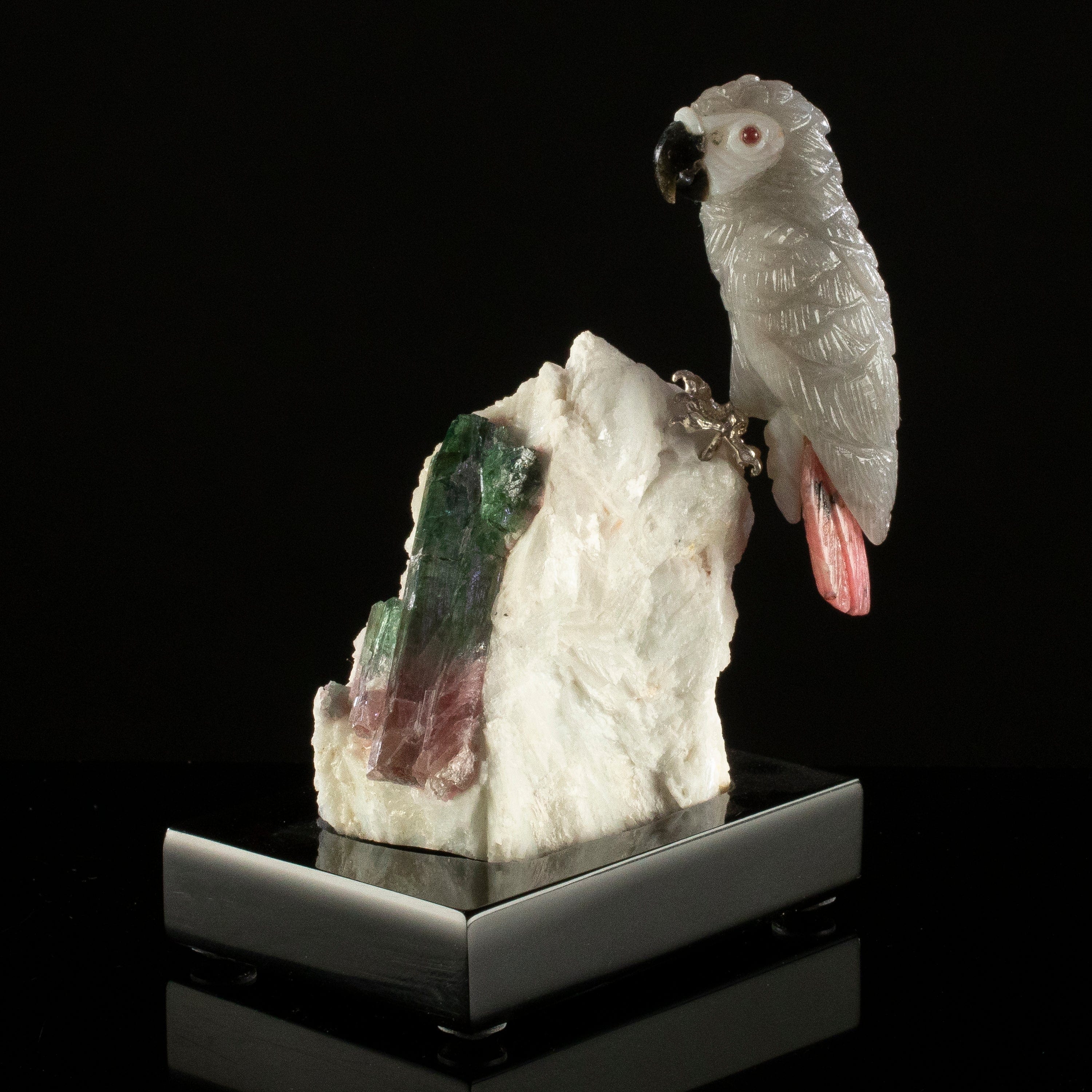 KALIFANO Love Birds Carvings Peter Muller Phantom Quartz & Rhodonite African Gray Parrot Carving on Watermelon Tourmaline Base LB.B144.001