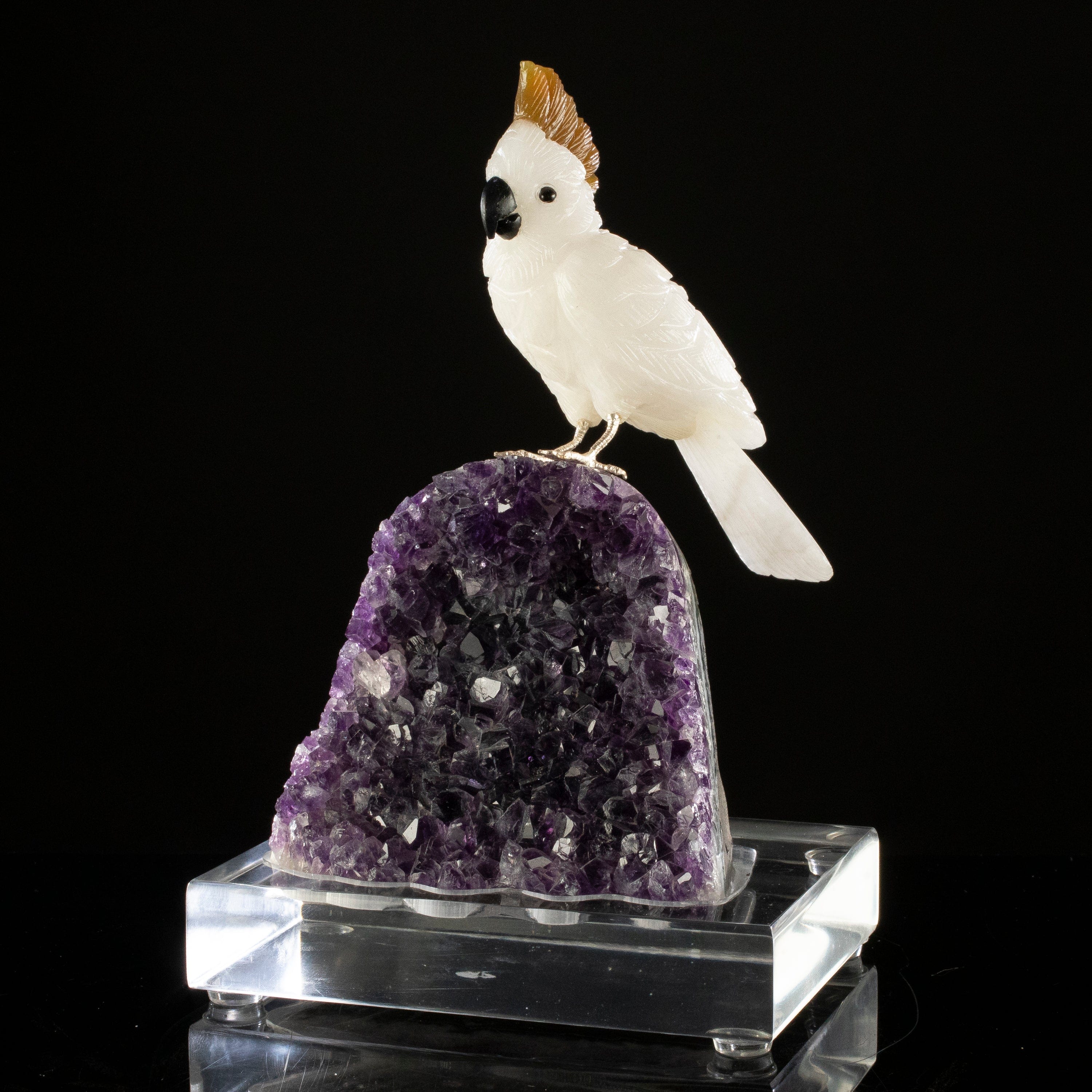 KALIFANO Love Birds Carvings Peter Muller Quartz Cockatoo Carving on Amethyst Geode Base LB.B134.009