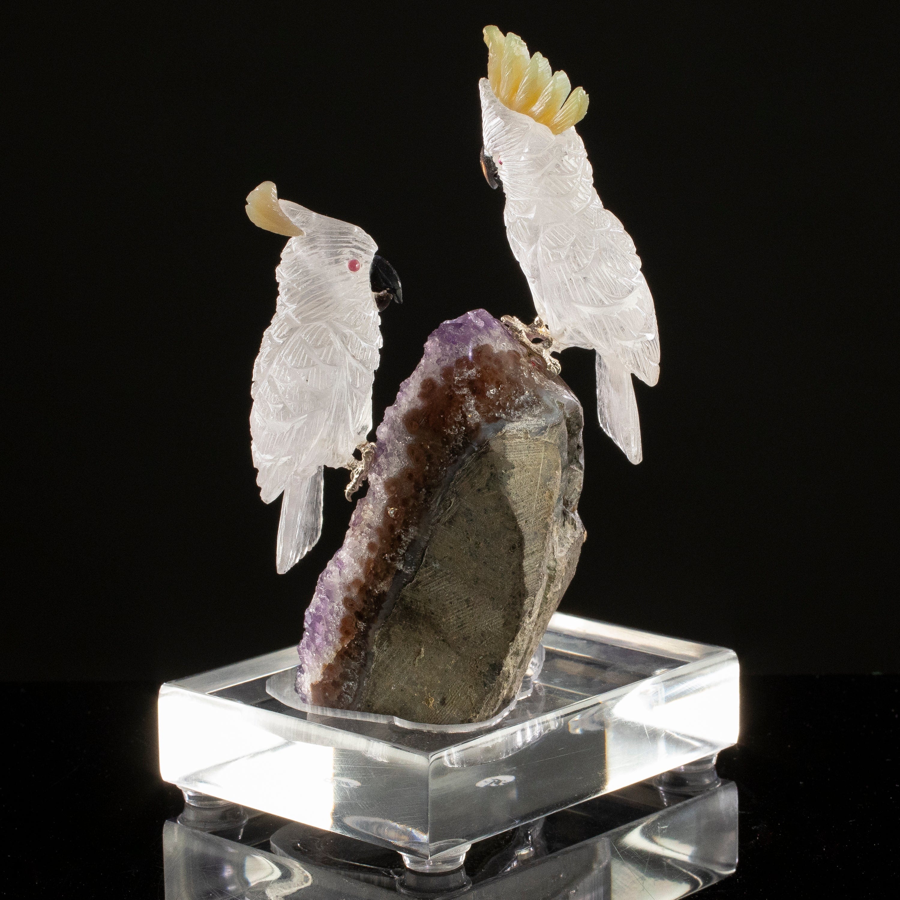 KALIFANO Love Birds Carvings Peter Muller Quartz Cockatoo Couple Carving on Amethyst Geode Base LB.C405.015