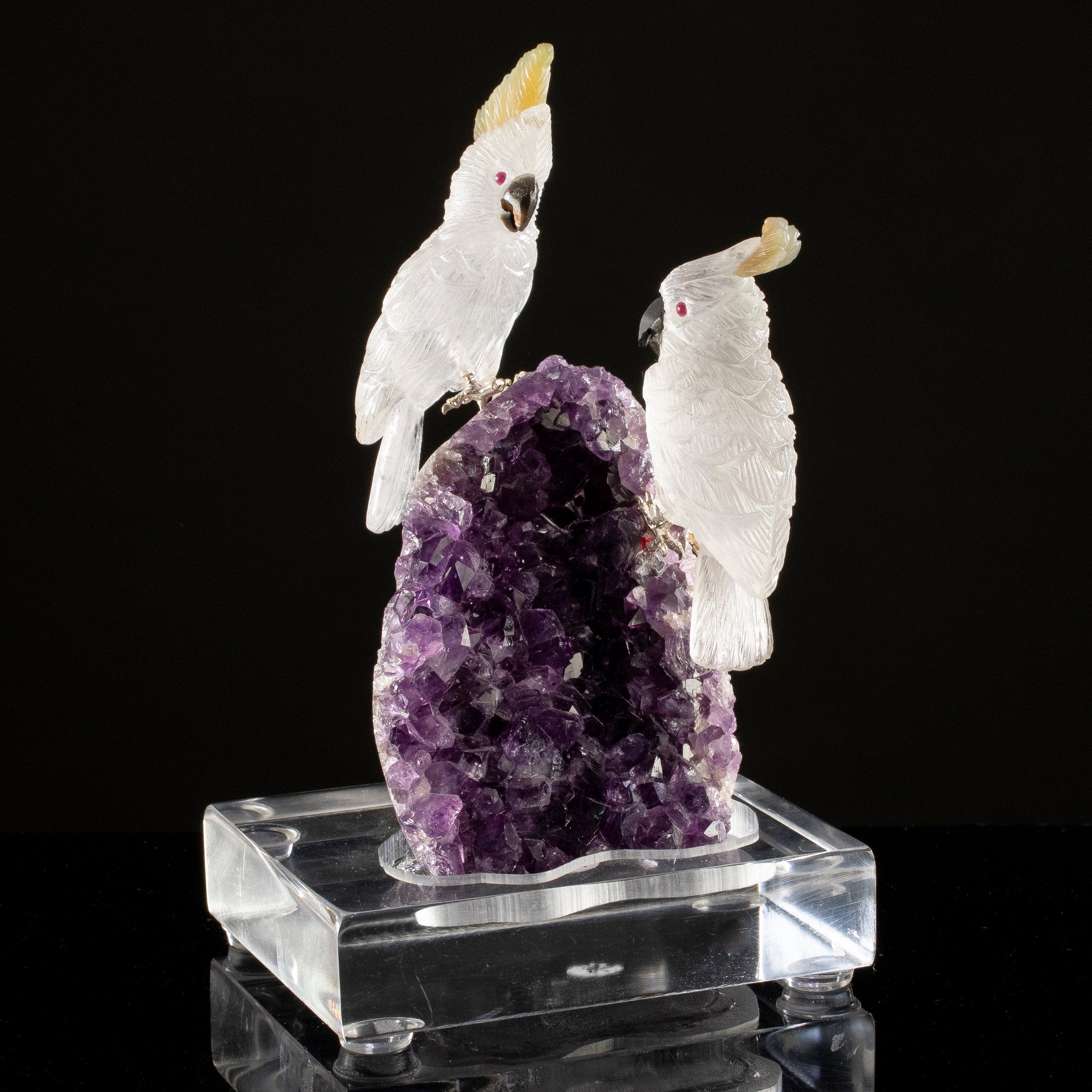 KALIFANO Love Birds Carvings Peter Muller Quartz Cockatoo Couple Carving on Amethyst Geode Base LB.C405.015