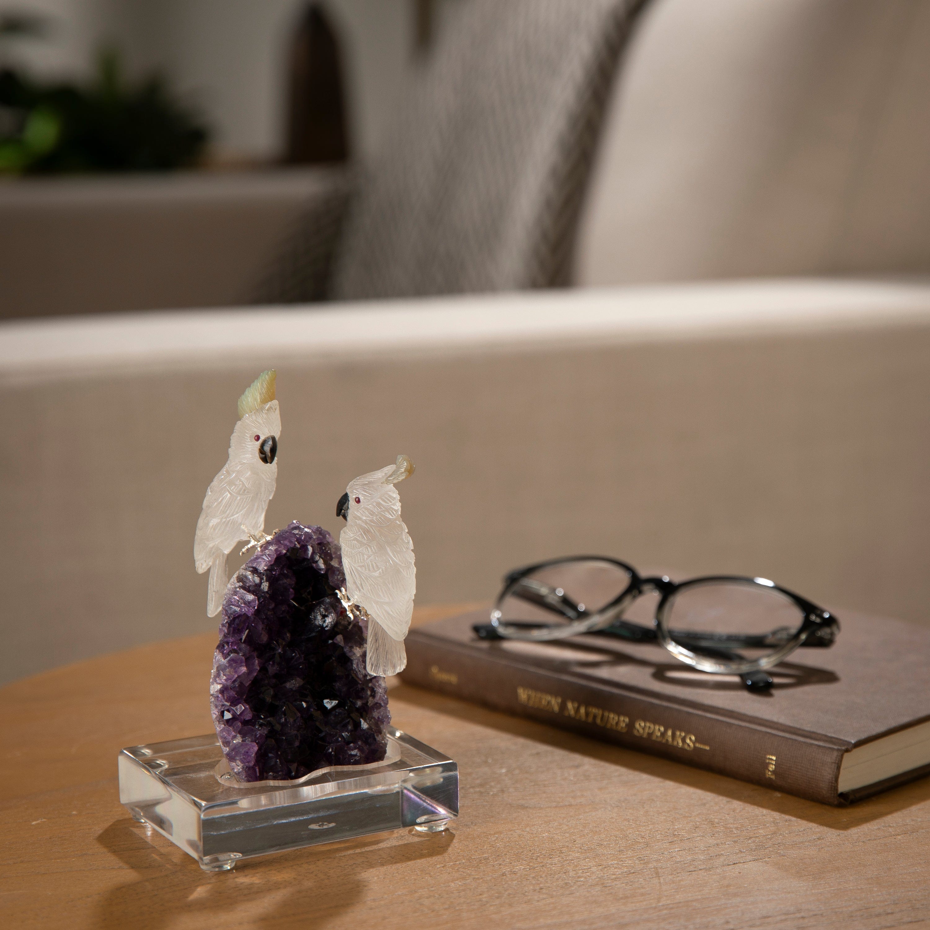 KALIFANO Love Birds Carvings Peter Muller Quartz Cockatoo Couple Carving on Amethyst Geode Base LB.C405.015