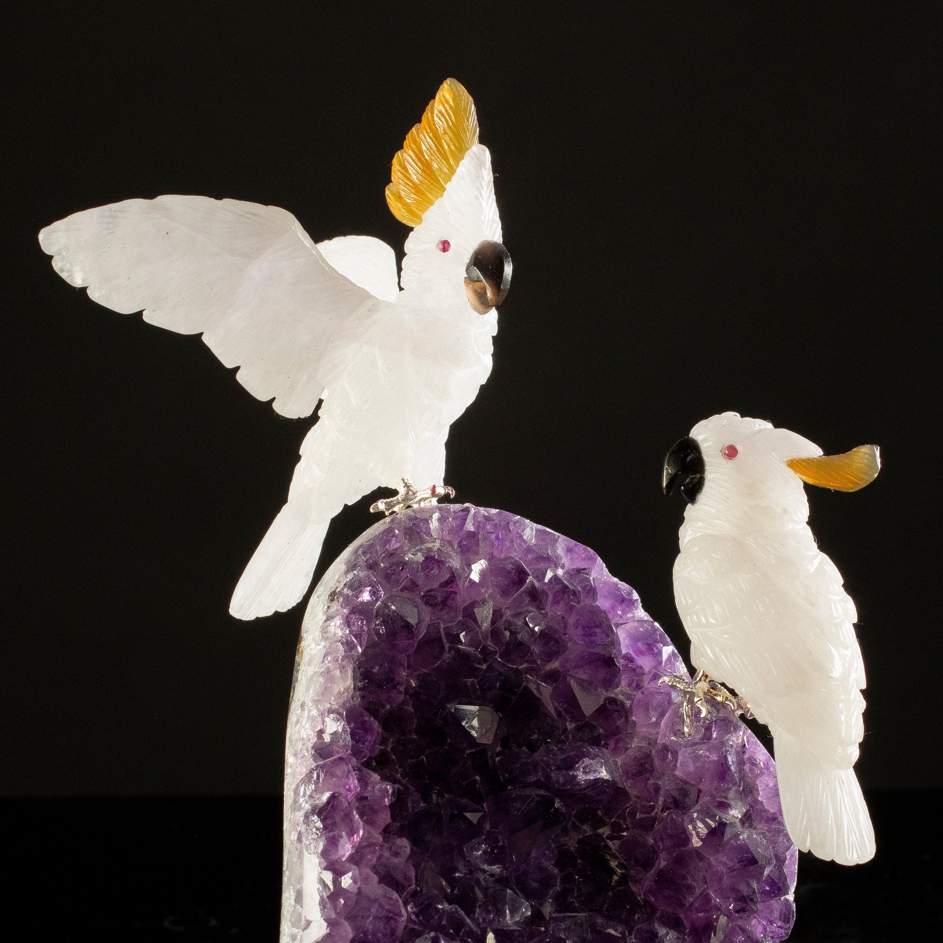 KALIFANO Love Birds Carvings Peter Muller Quartz Cockatoo Couple Carving on Amethyst Geode Base LB.C405.019