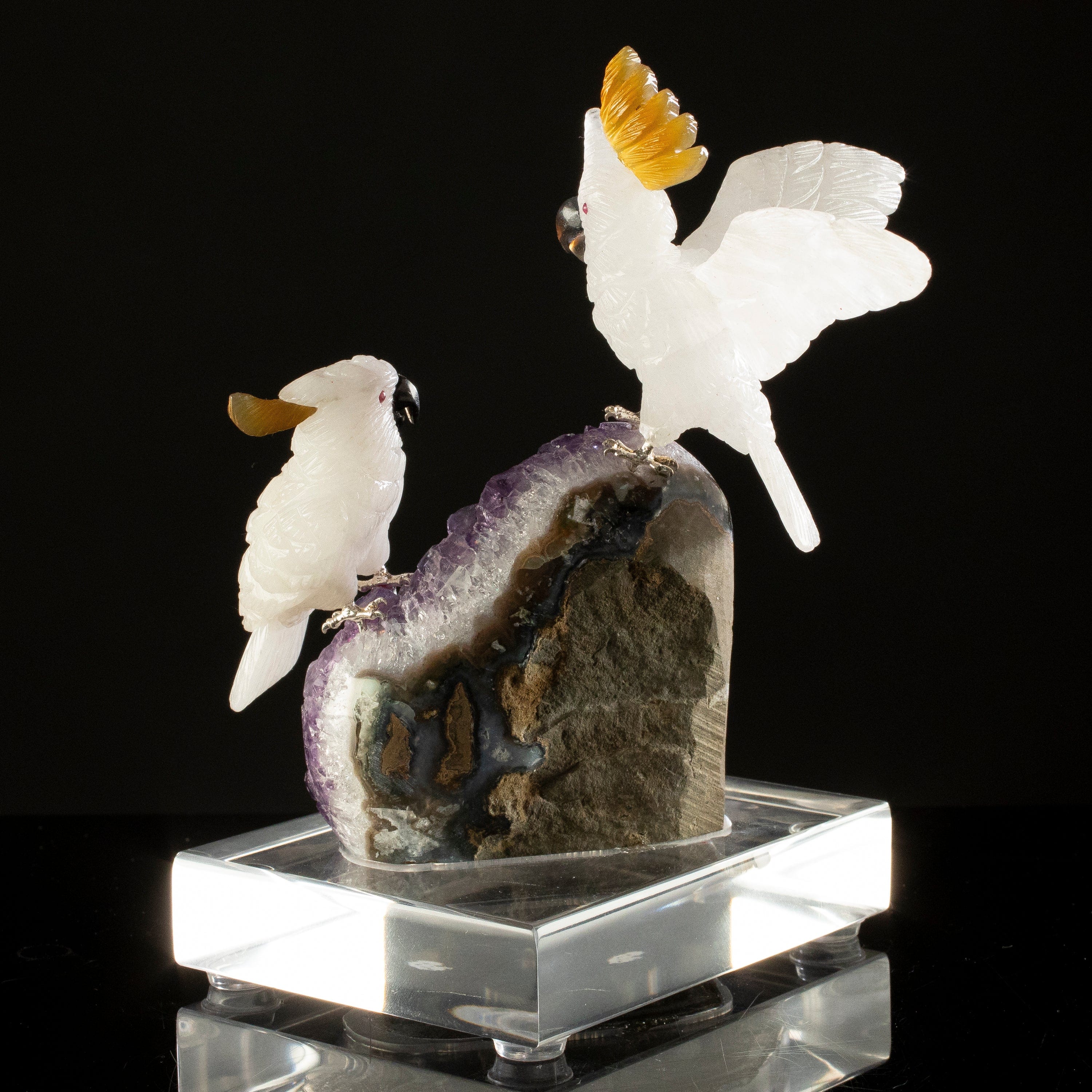 KALIFANO Love Birds Carvings Peter Muller Quartz Cockatoo Couple Carving on Amethyst Geode Base LB.C405.019